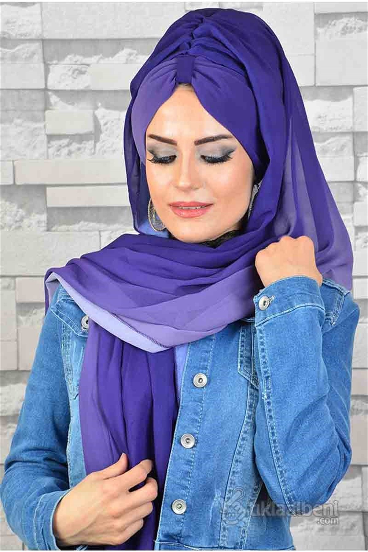Lila Mor Geçişli Biritli Bandana Hazır Şal bnd166