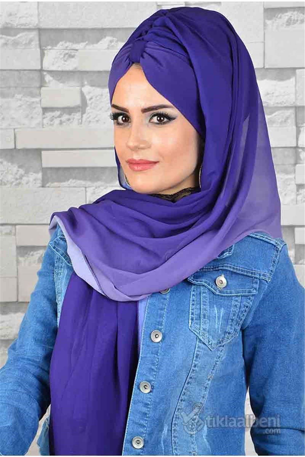 Lila Mor Geçişli Biritli Bandana Hazır Şal bnd166