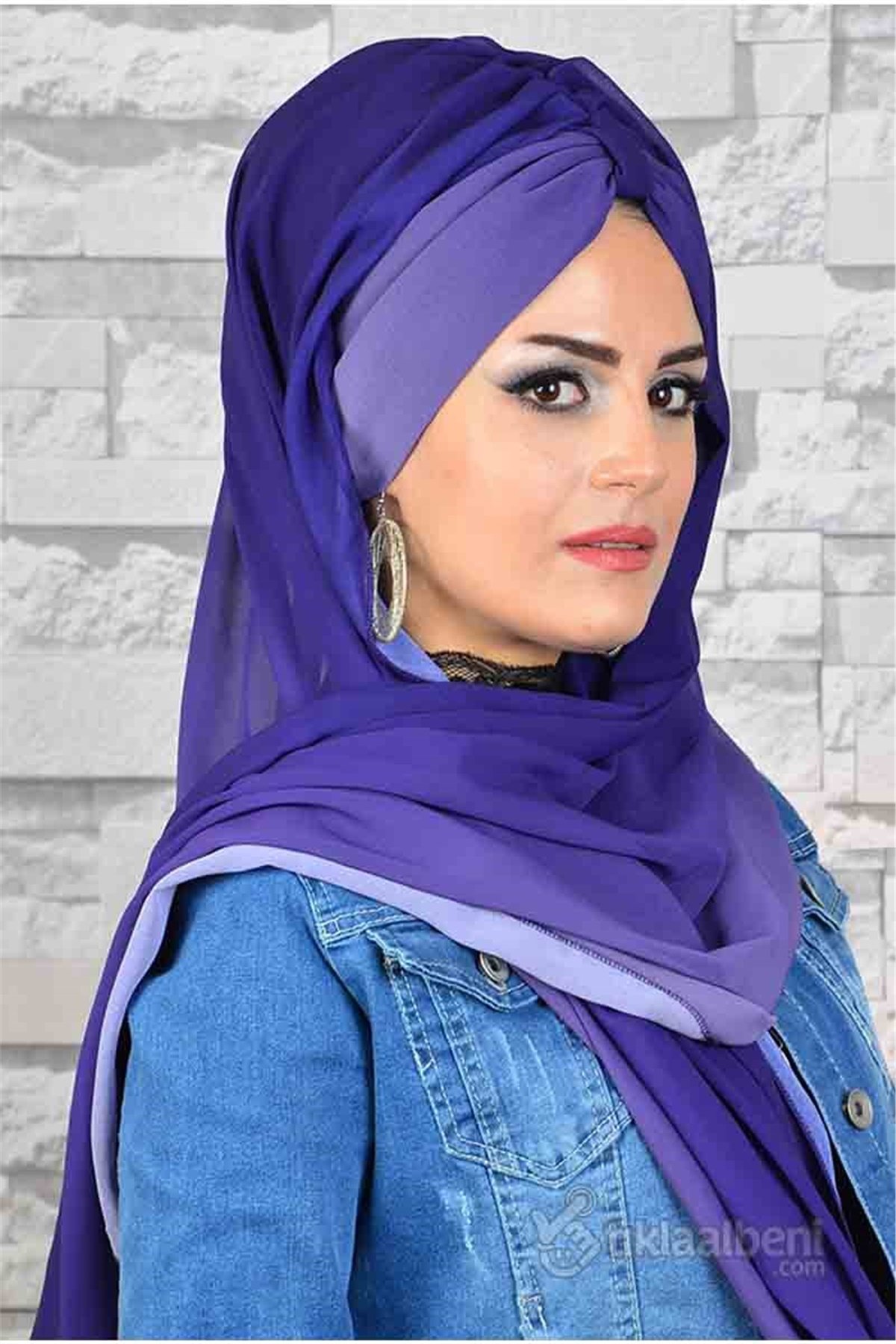 Lila Mor Geçişli Biritli Bandana Hazır Şal bnd166