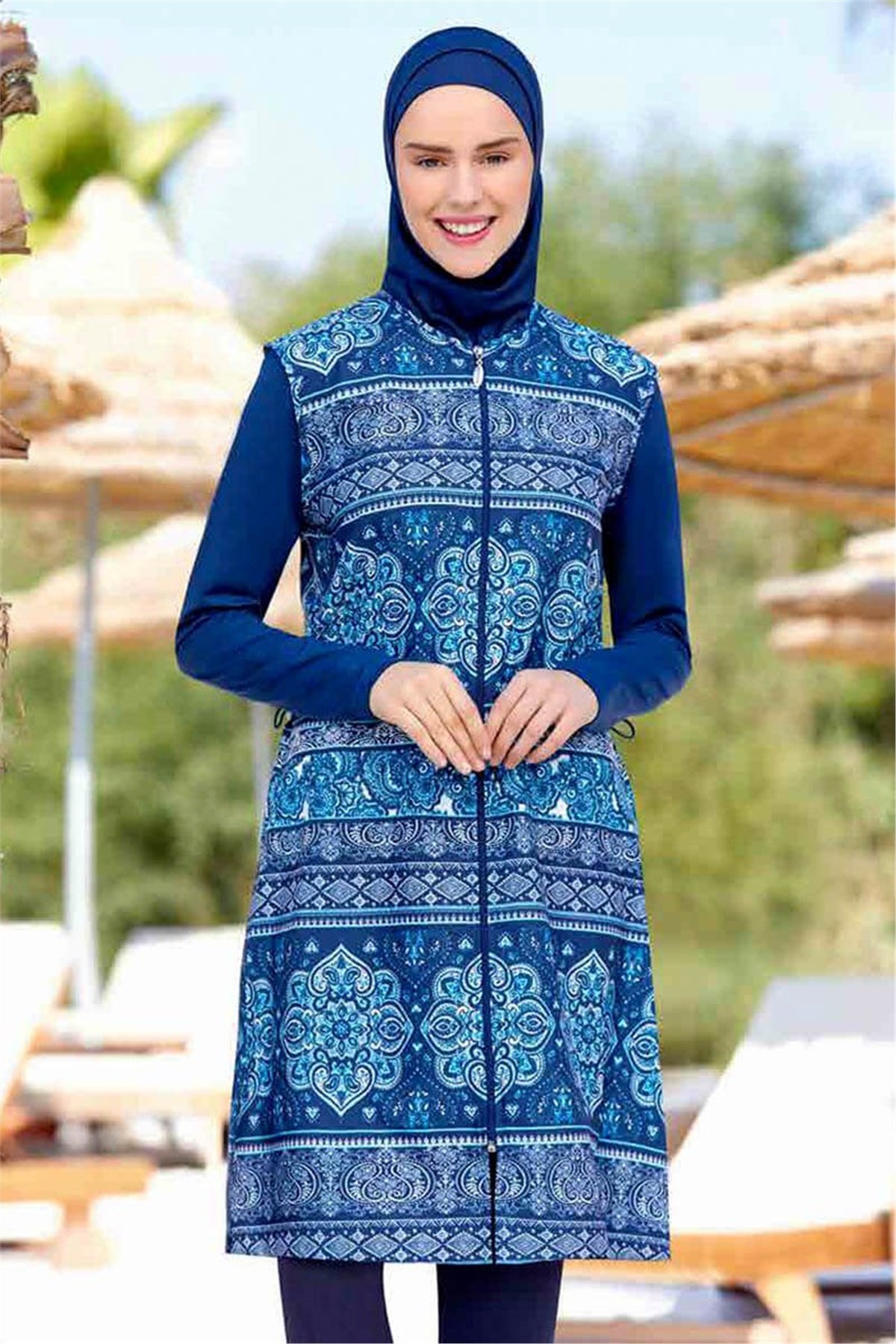Mandala Desenli Tam Kapalı Tesettür Mayo 10313 - Açık Lacivert 