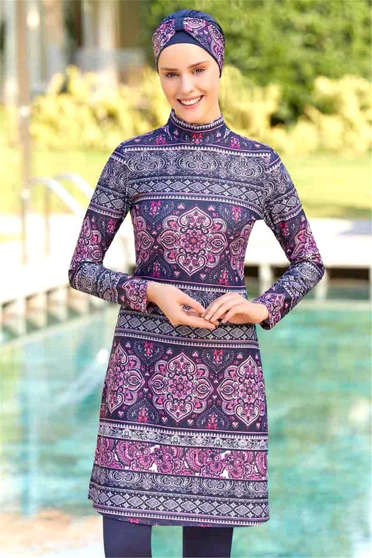 Mandala Desenli Tesettür Mayo 10338 - Koyu Lacivert