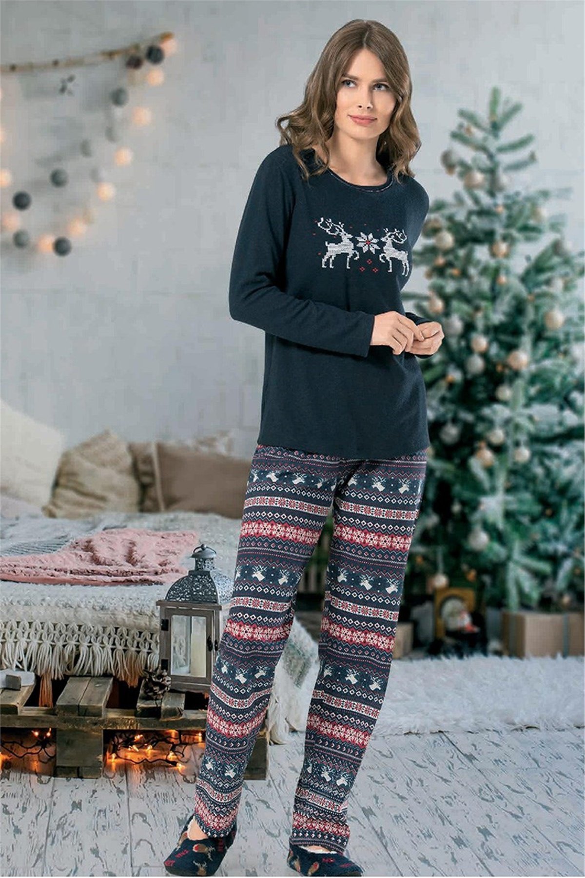 NBB 66637 Geyikli Uzun Kol Bayan Pijama Takımı 