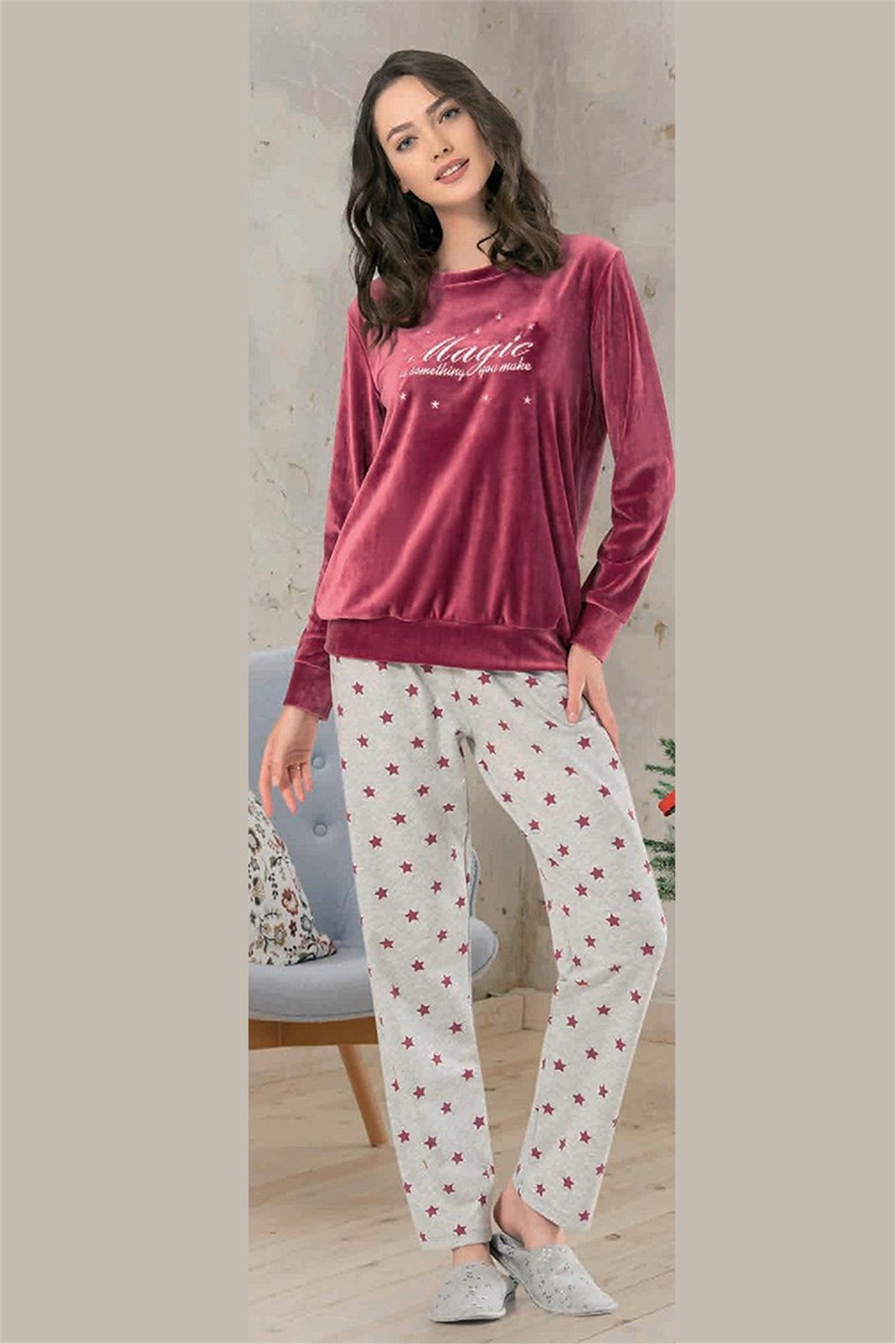 NBB Kadife Bayan Pijama Gecelik Takımı 66645
