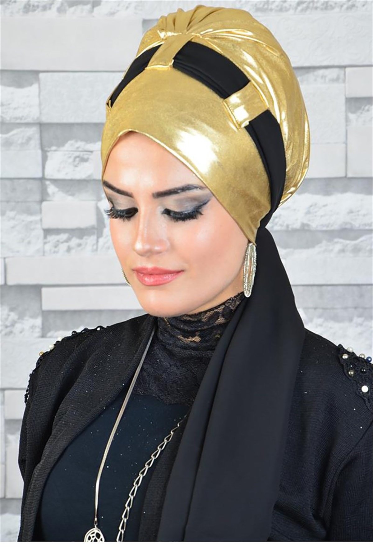 Parlak Gold Abiye Fularlı Bone bna040