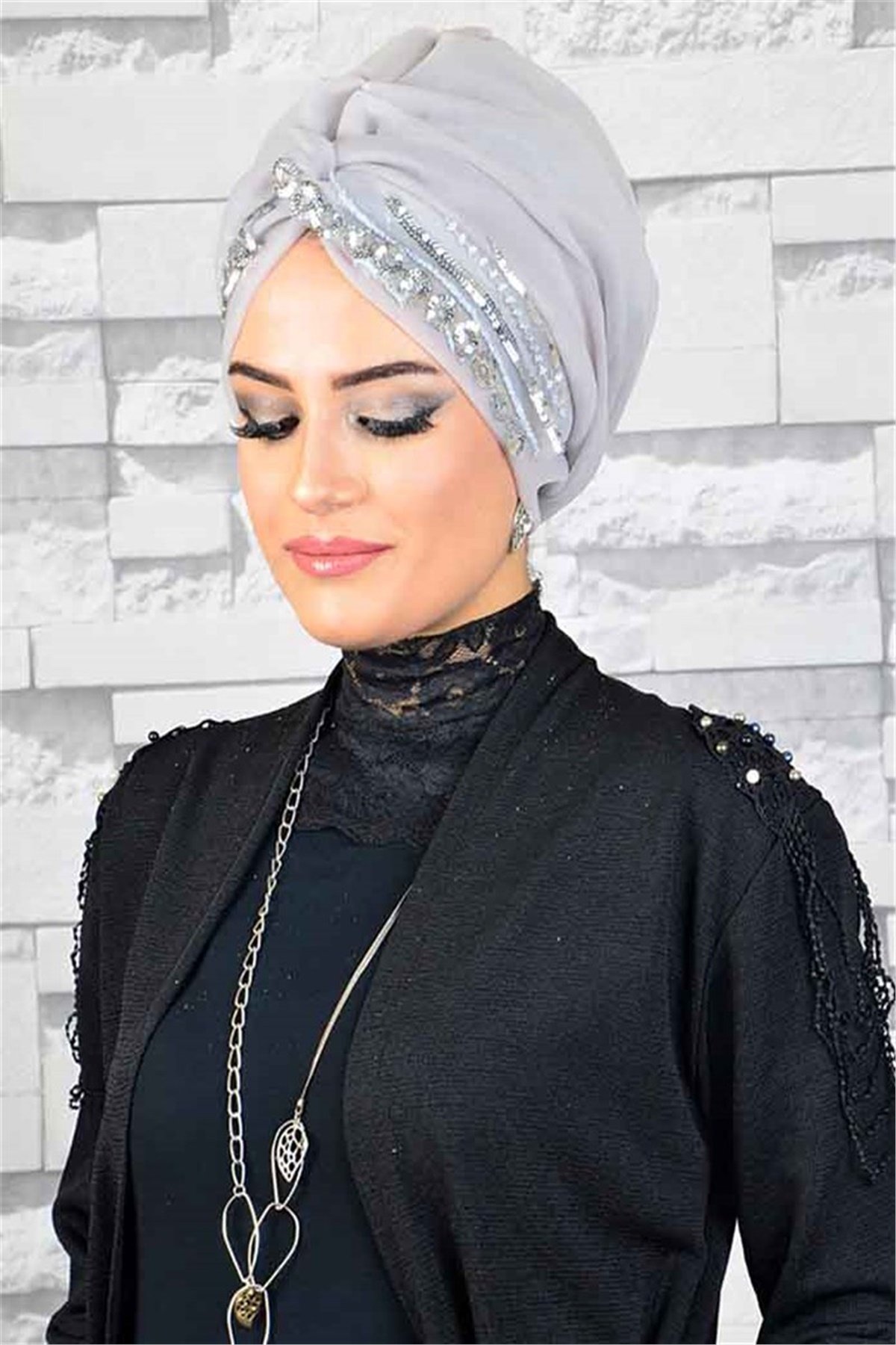Payetli Gümüş Hayal Tül Tesettür Abiye Şal hz024