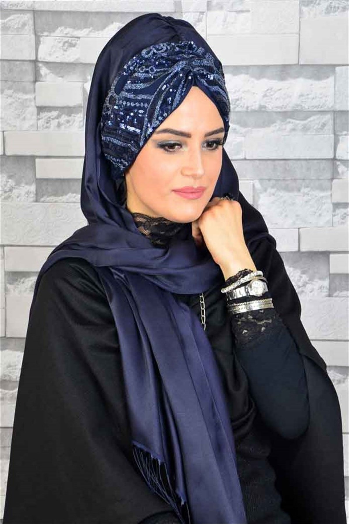Payetli Lacivert Bandana Pratik Şal BND6052