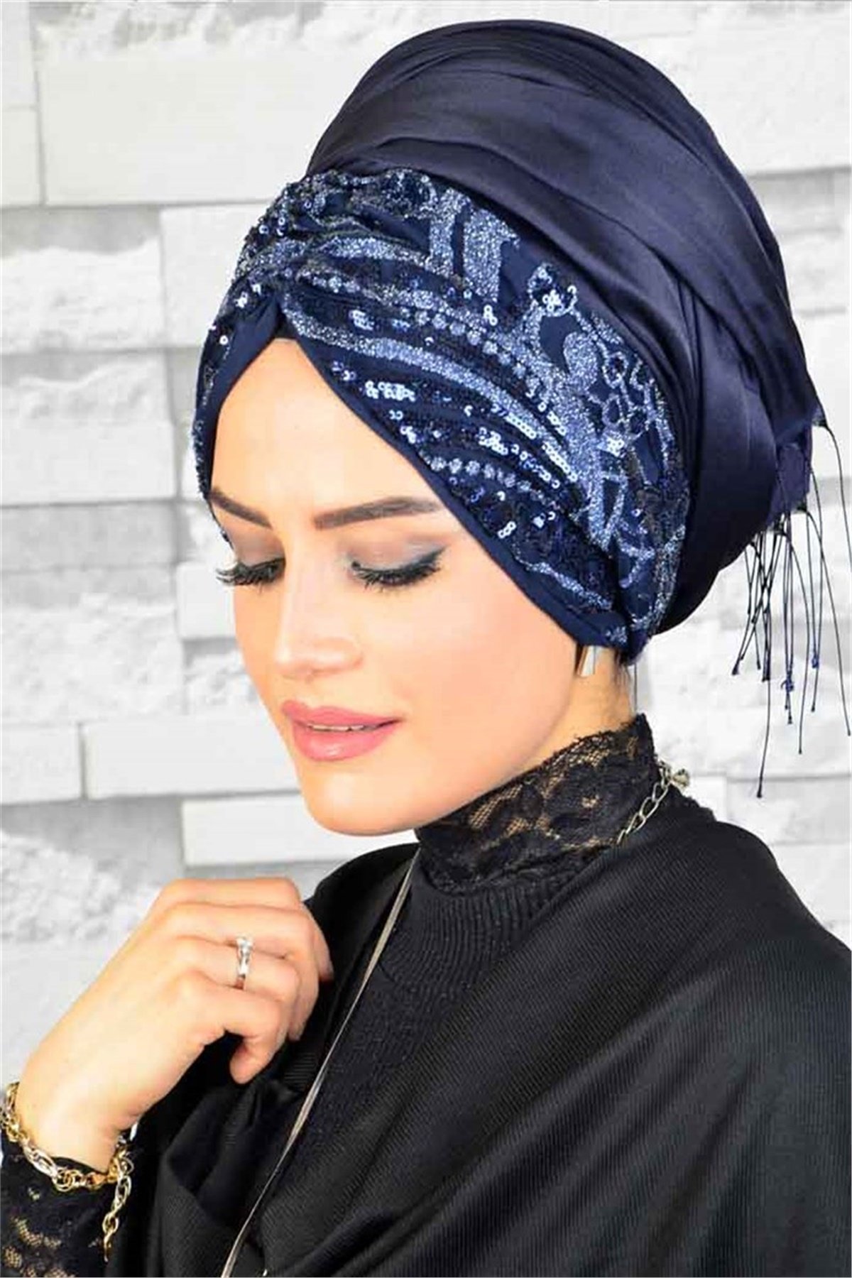 Payetli Lacivert Bandana Pratik Şal BND6052