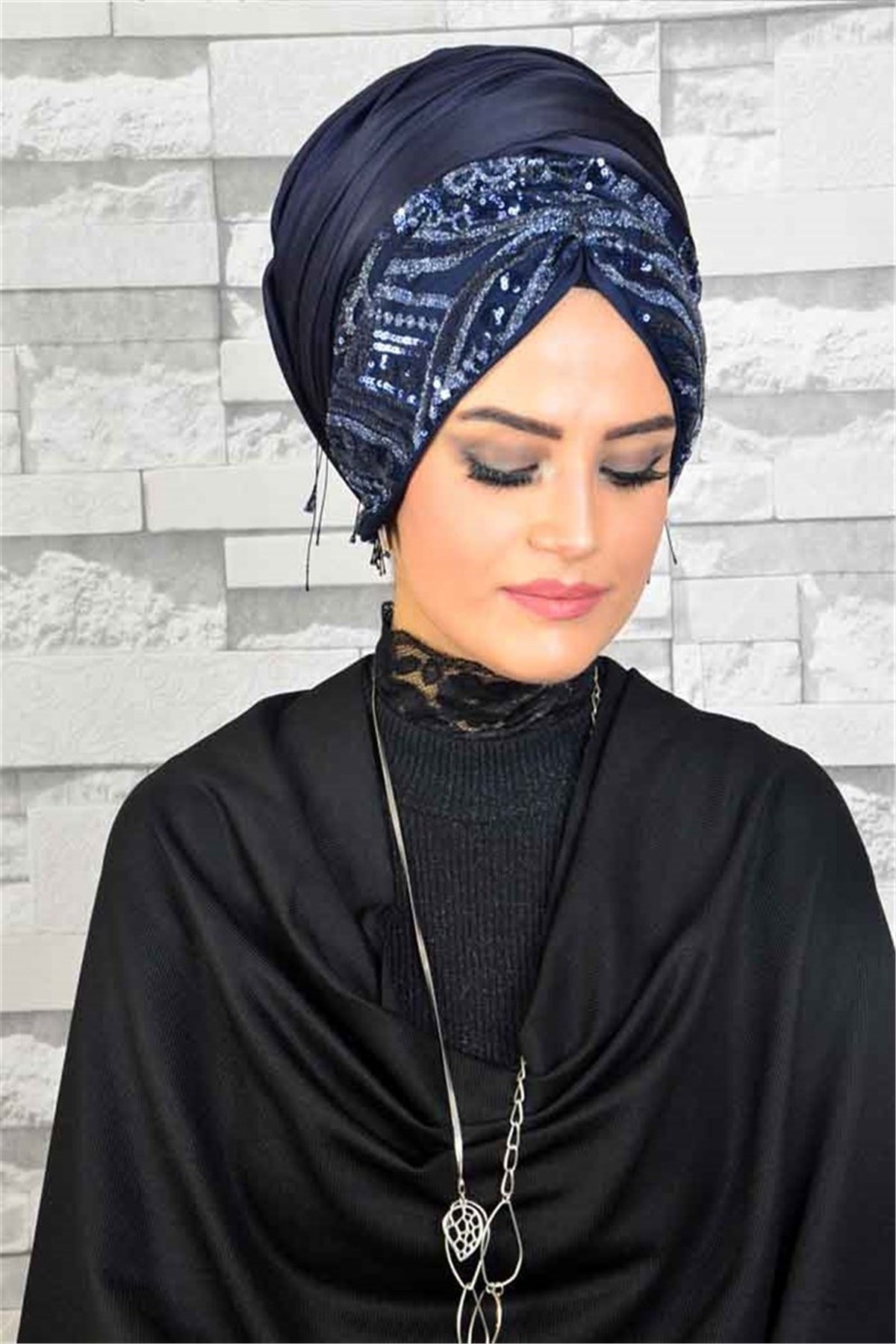 Payetli Lacivert Bandana Pratik Şal BND6052
