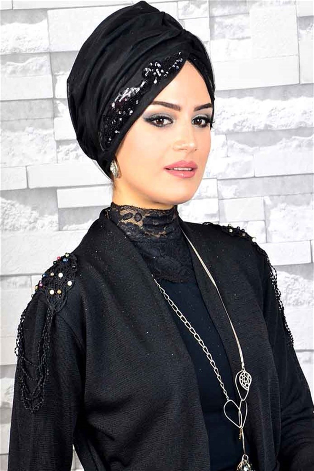 Payetli Siyah Hayal Tül Tesettür Abiye Şal hz022