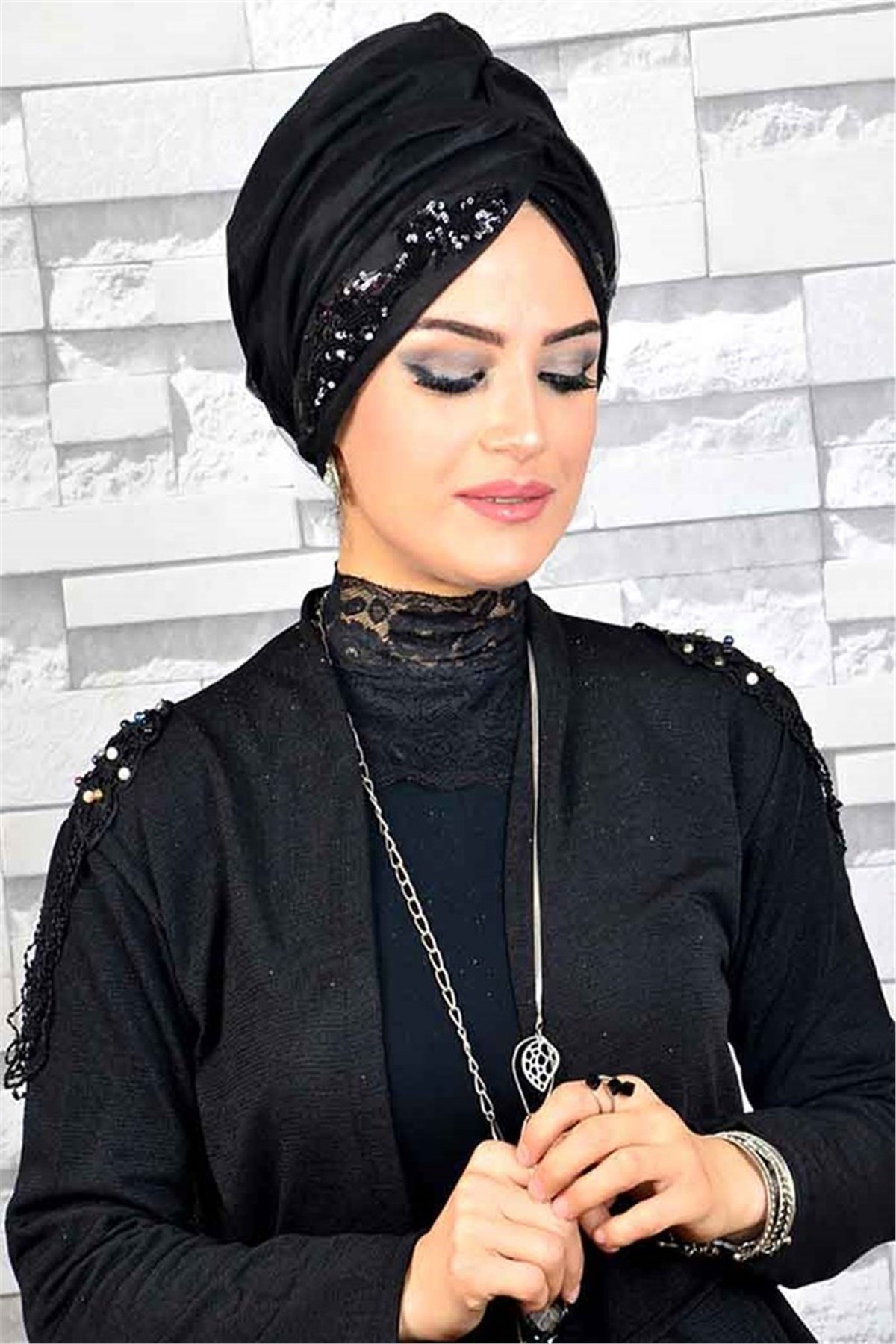 Payetli Siyah Hayal Tül Tesettür Abiye Şal hz022
