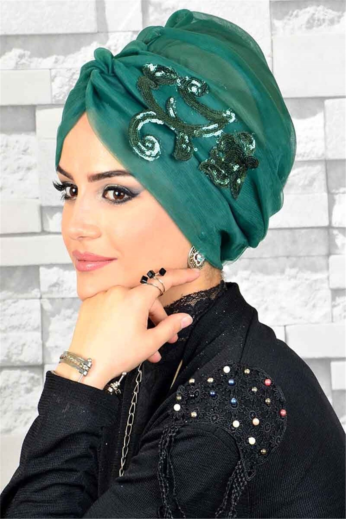 Payetli Zümrüt Yeşili Hayal Tül  Tesettür Abiye Şal hz019