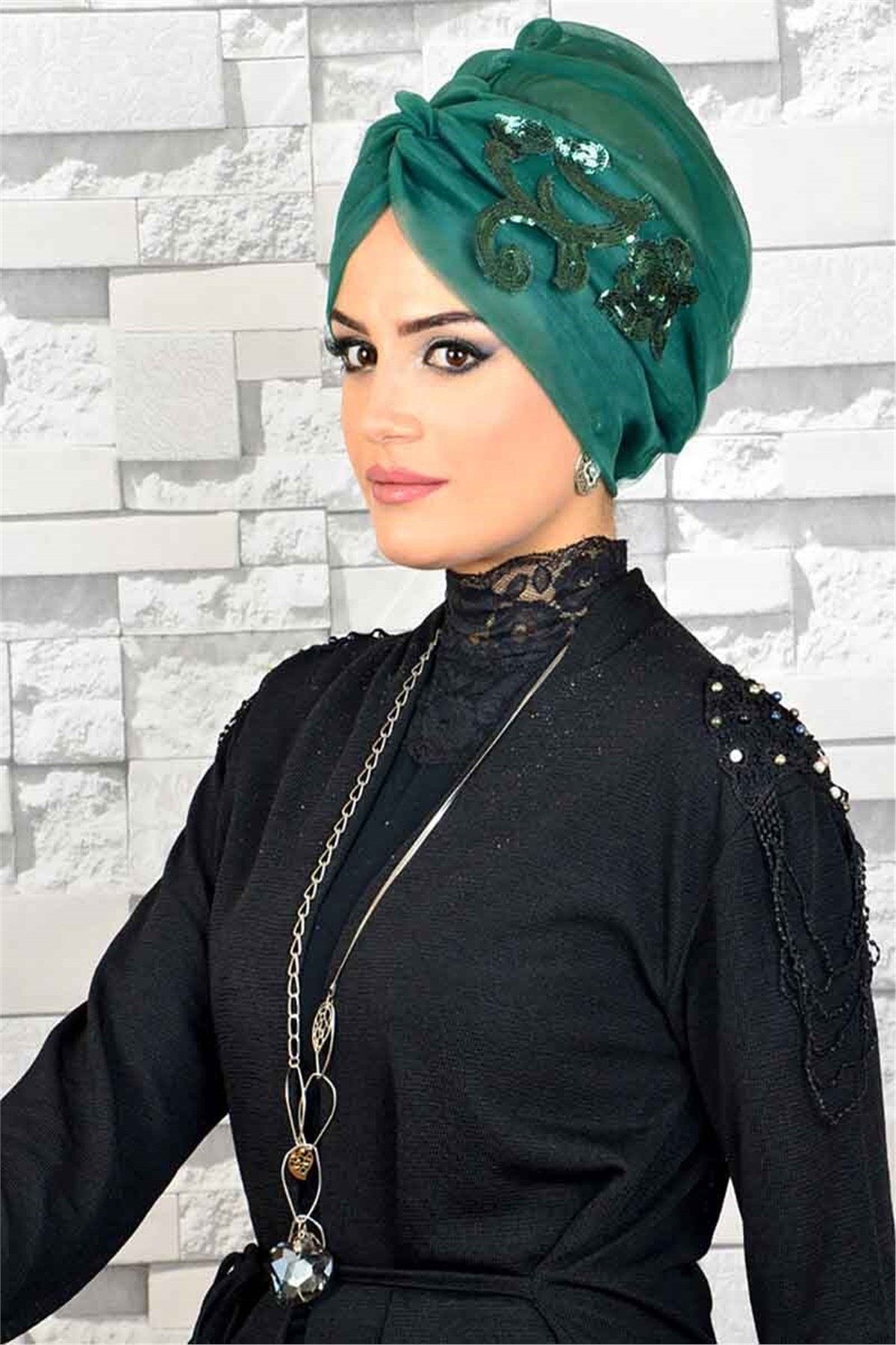 Payetli Zümrüt Yeşili Hayal Tül  Tesettür Abiye Şal hz019