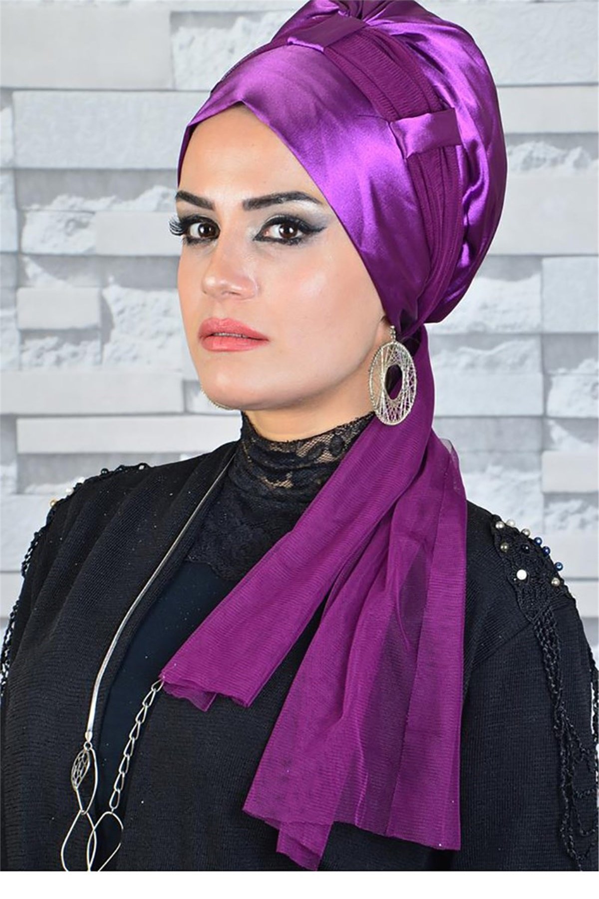Saten Mürdüm Fularlı Abiye Bone bna041