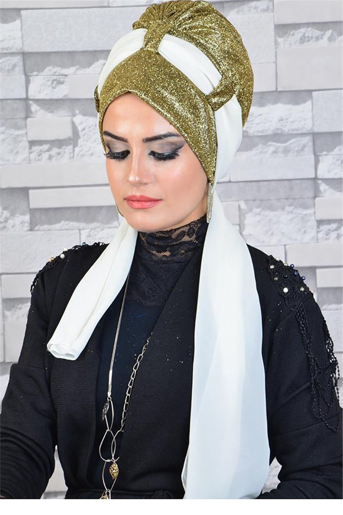 Simli Altın Rengi Fularlı Abiye Bone bna047