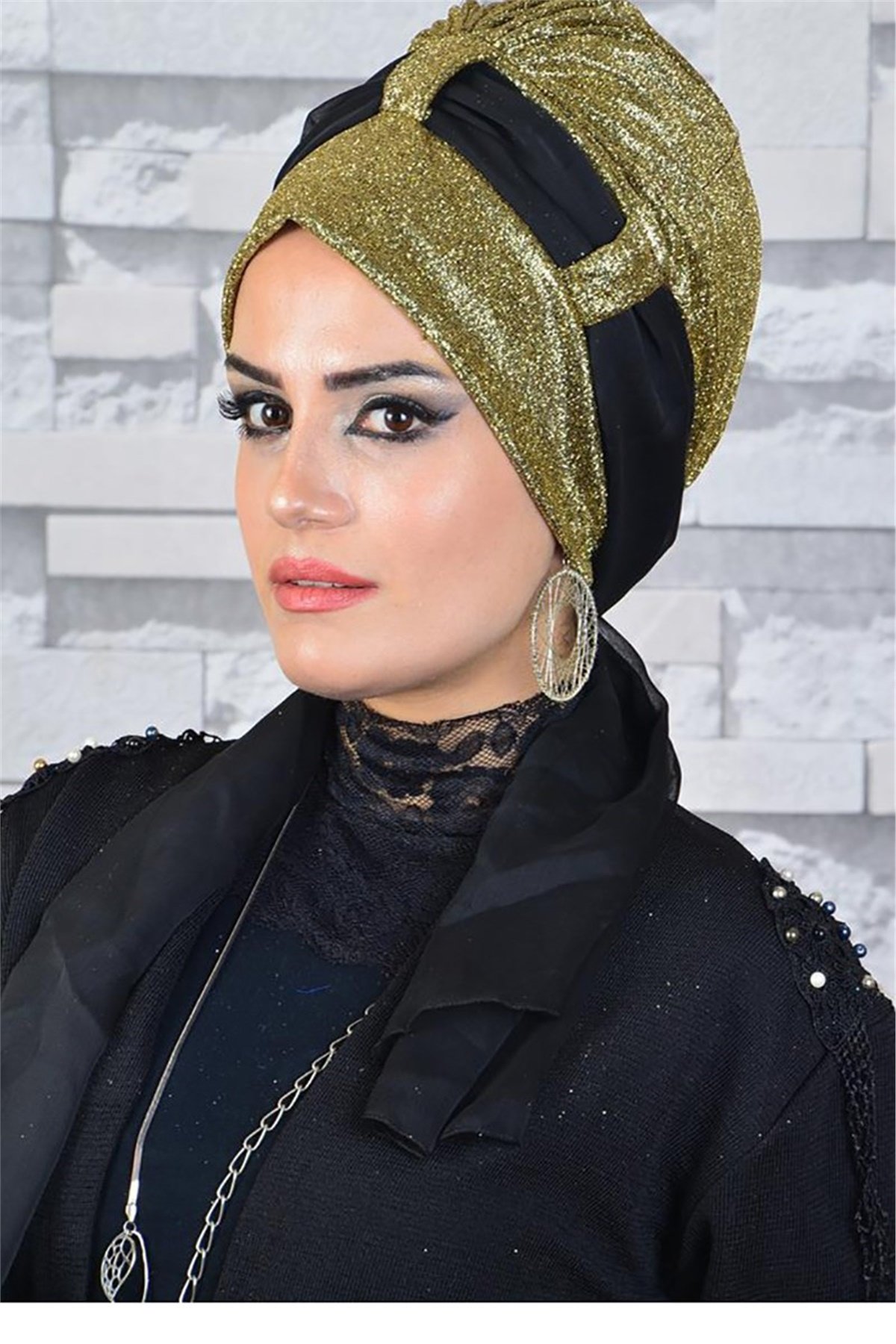 Simli Altın Rengi Fularlı Abiye Bone bna047