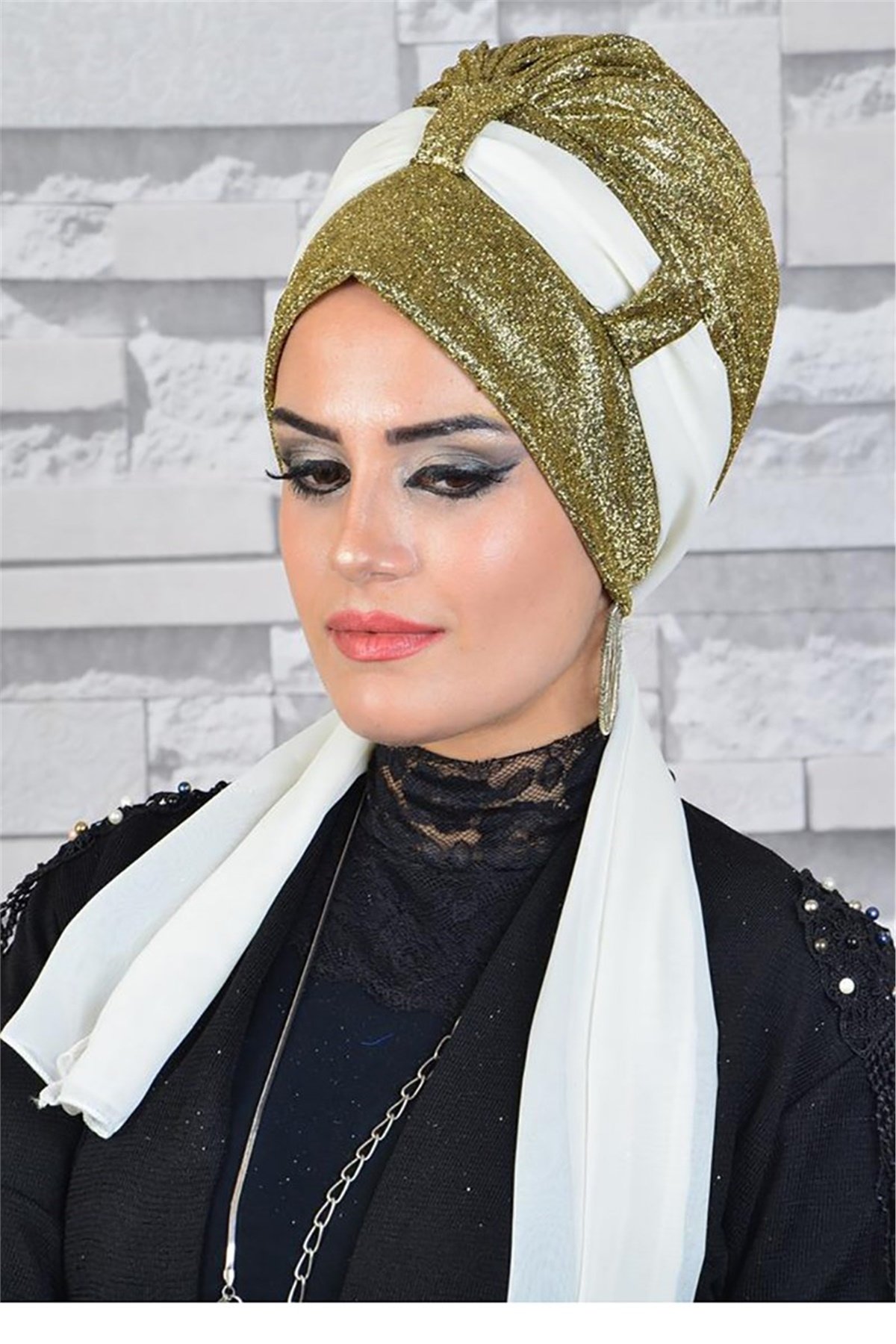 Simli Altın Rengi Fularlı Abiye Bone bna047