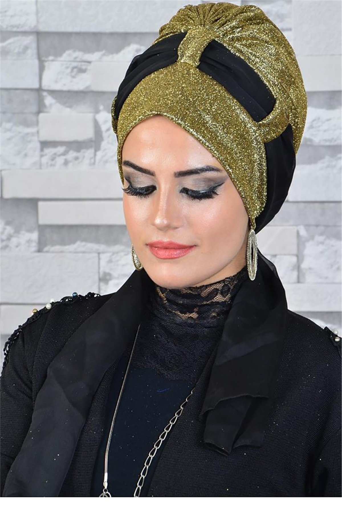 Simli Altın Rengi Fularlı Abiye Bone bna047