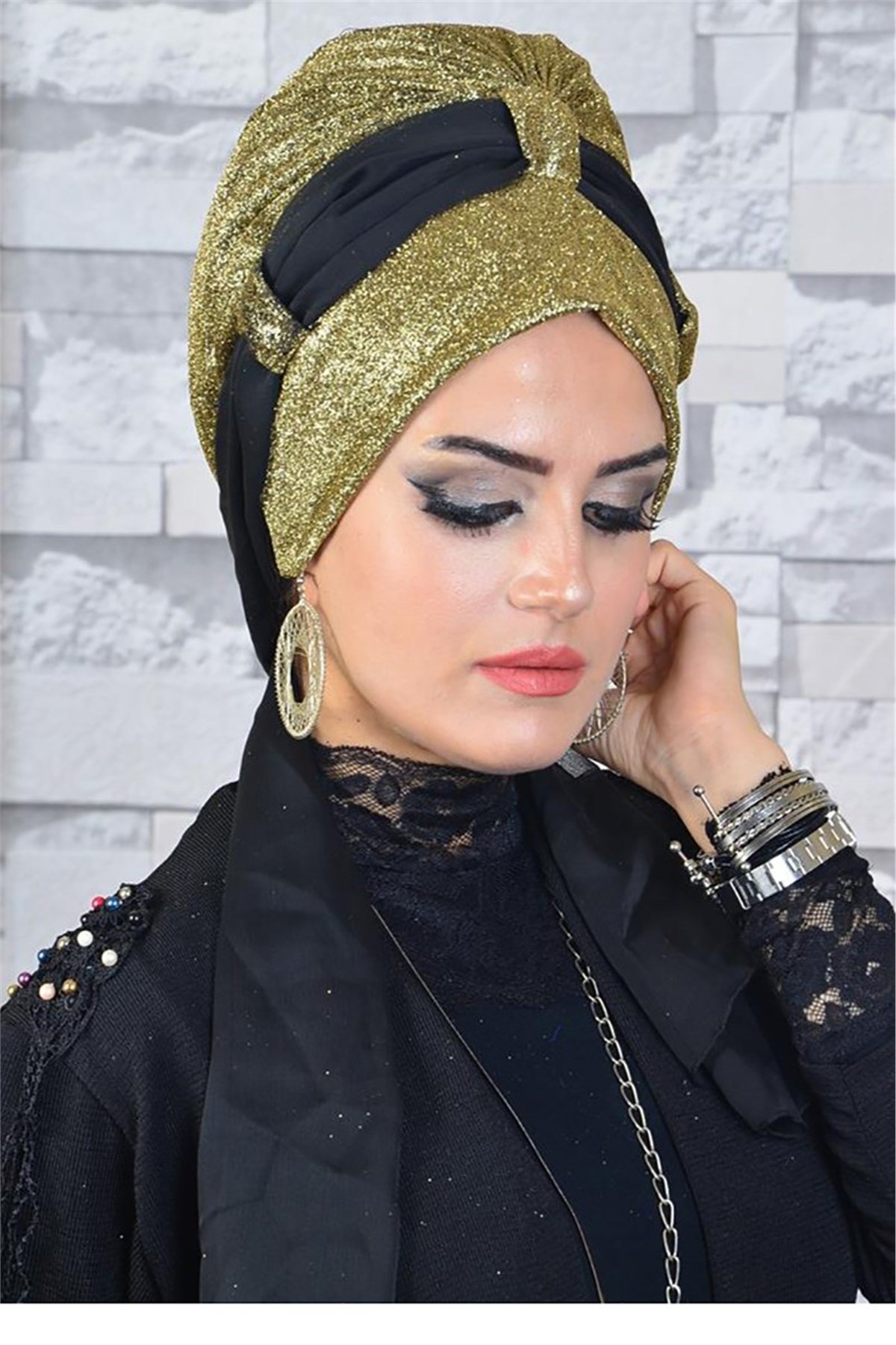 Simli Altın Rengi Fularlı Abiye Bone bna047