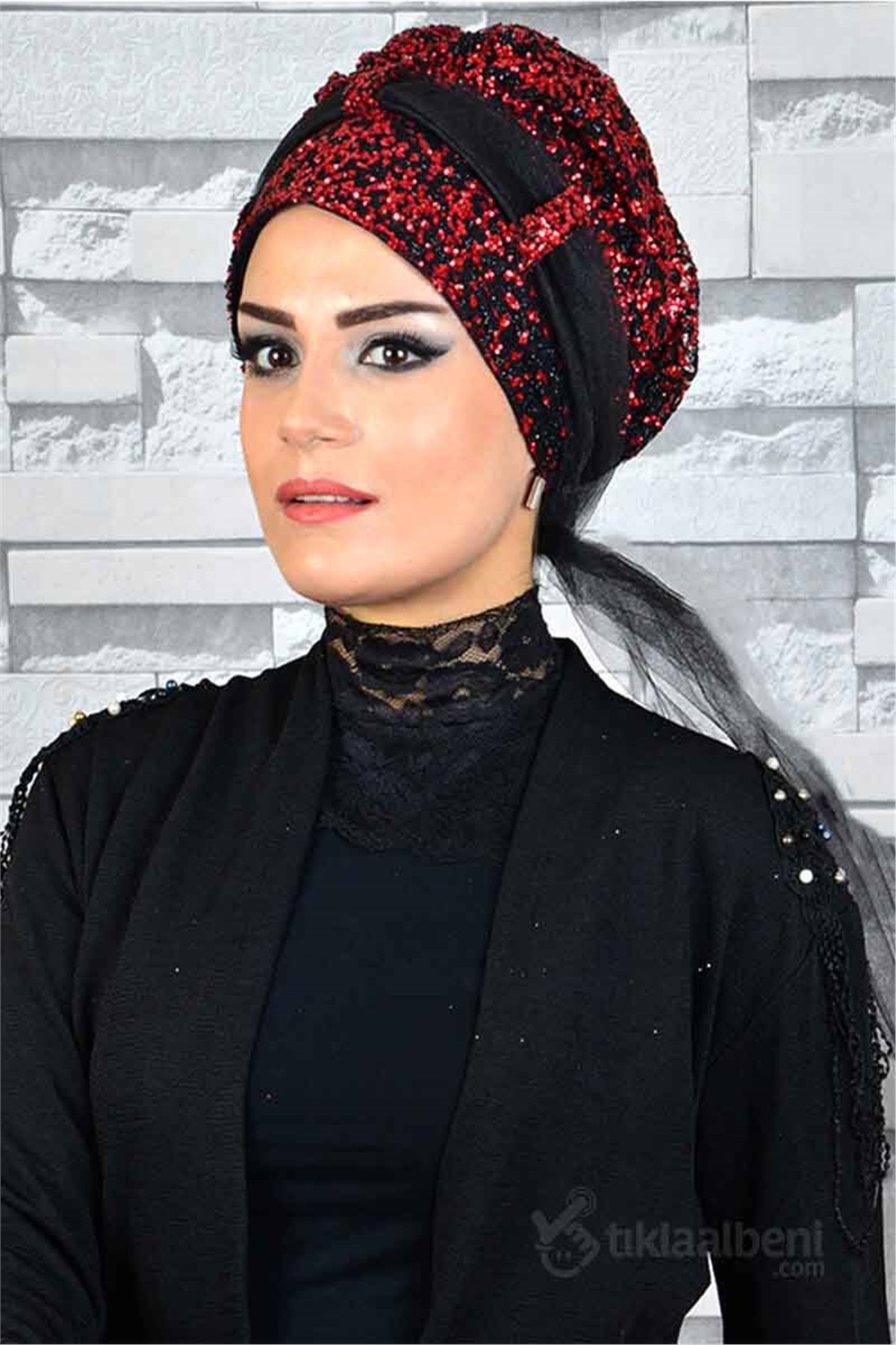 Simli Biritli Siyah Kırmızı Hazır Abiye Bone bna007