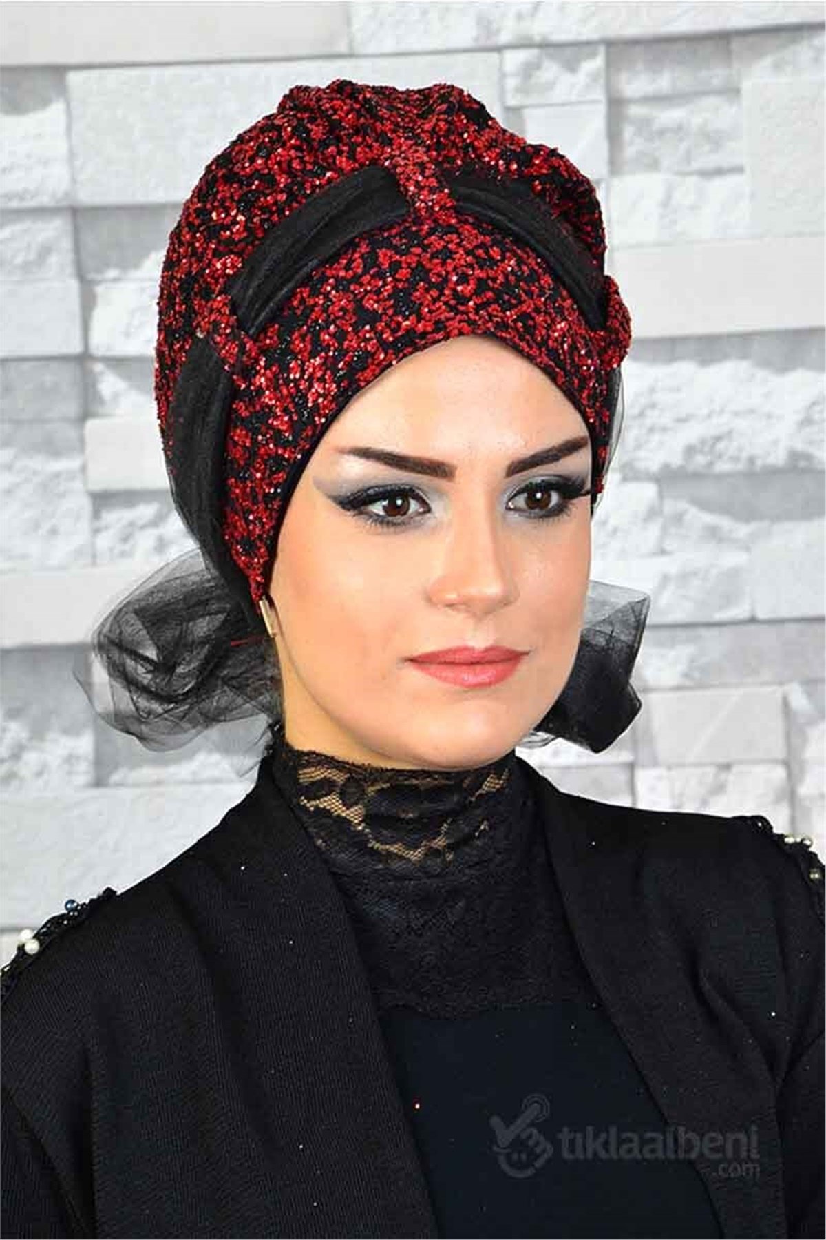 Simli Biritli Siyah Kırmızı Hazır Abiye Bone bna007