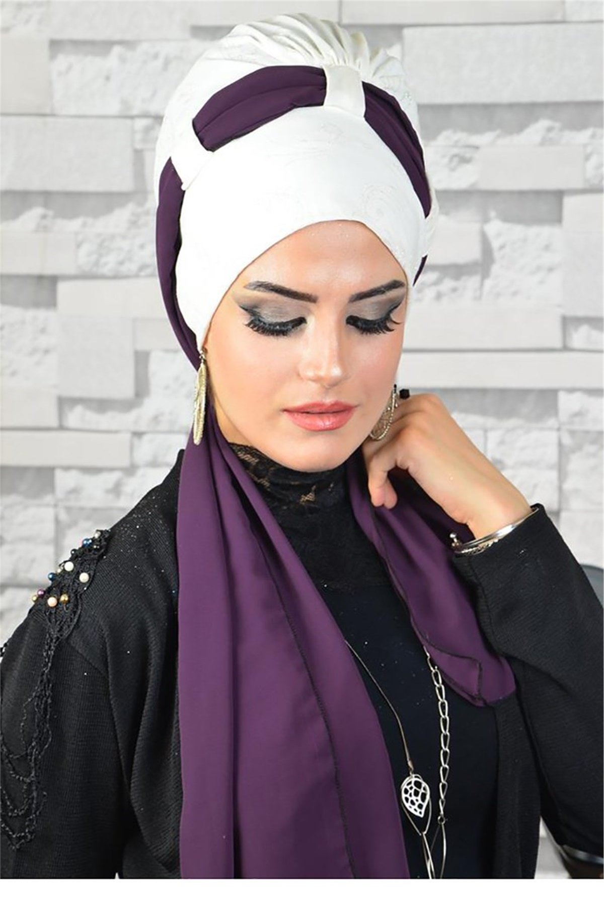 Simli Kırık Beyaz Abiye Fularlı Bone bna034