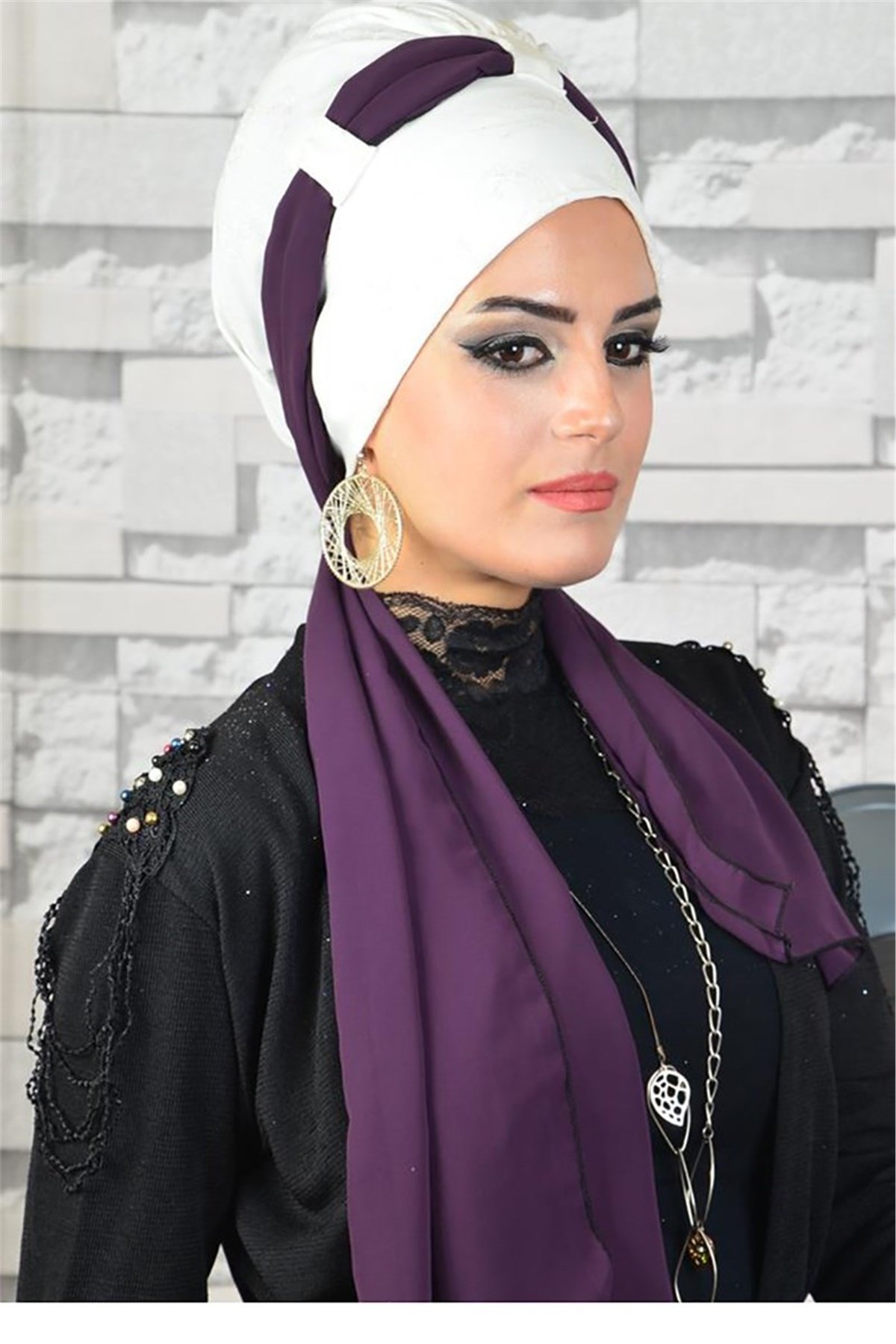 Simli Kırık Beyaz Abiye Fularlı Bone bna034