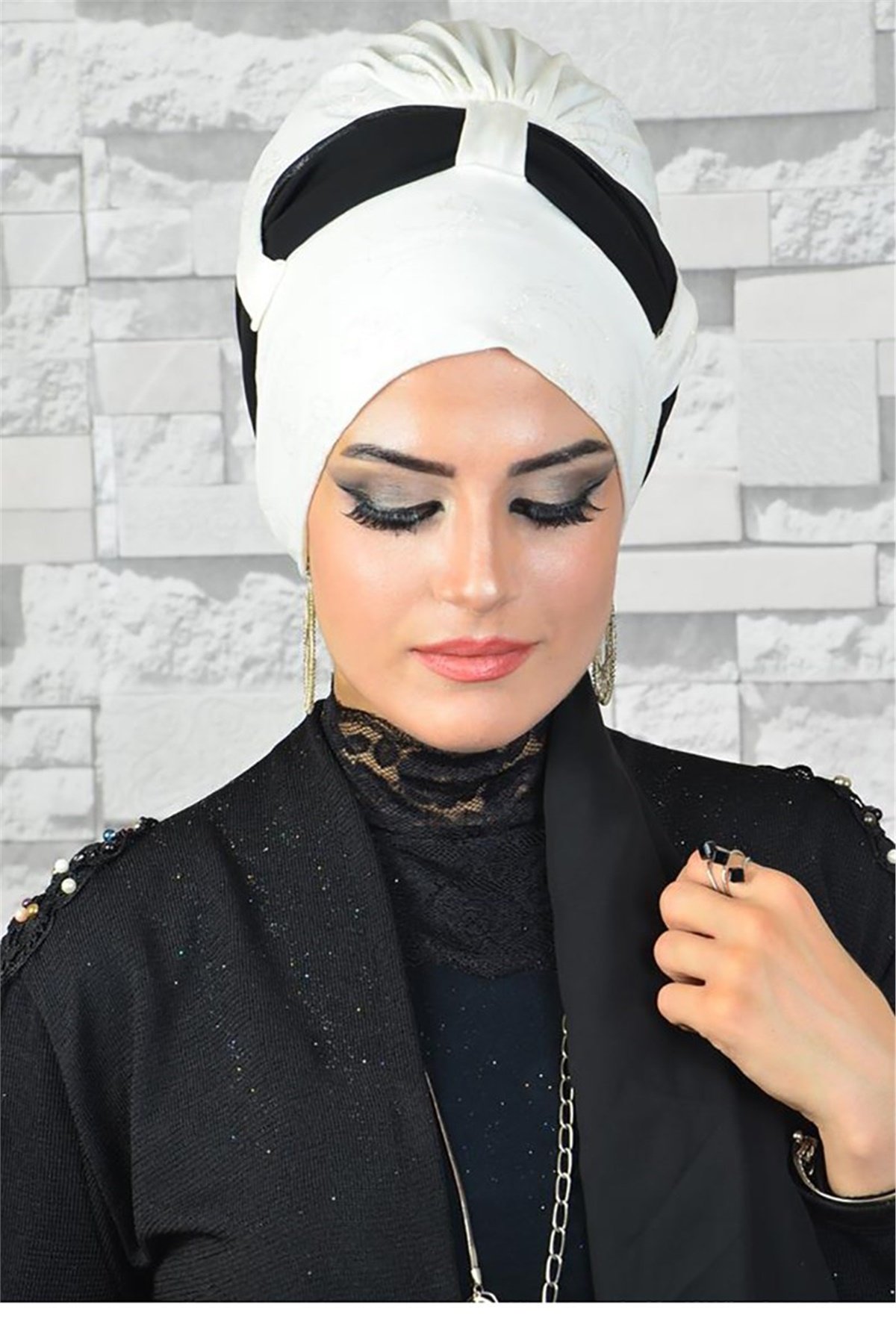 Simli Kırık Beyaz Abiye Fularlı Bone bna034