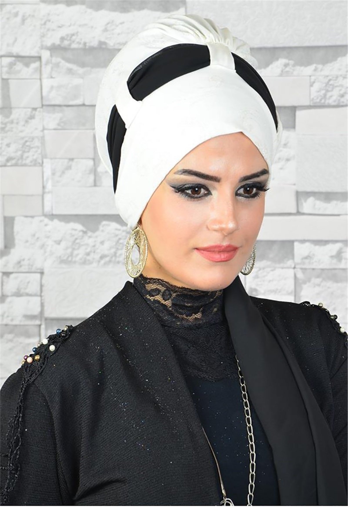Simli Kırık Beyaz Abiye Fularlı Bone bna034