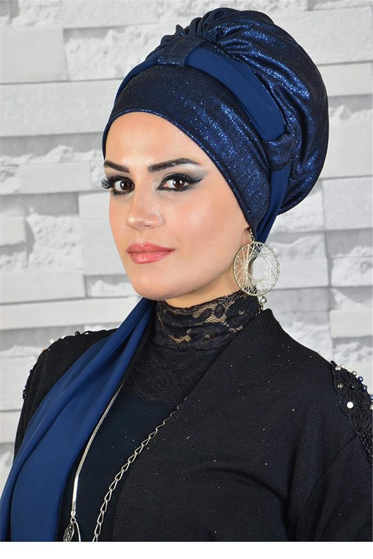 Simli Lacivert Abiye Fularlı Bone bna033