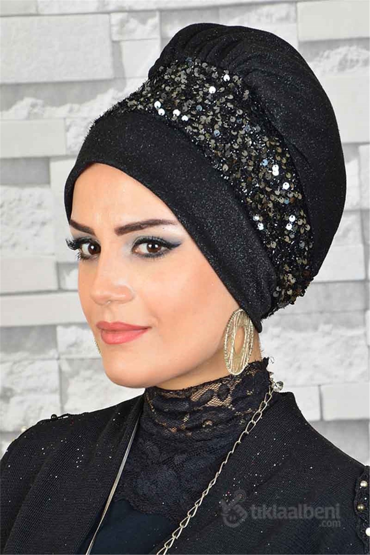 Simli Siyah Antrasit Pul Detaylı Abiye Tesettür Bone bna023