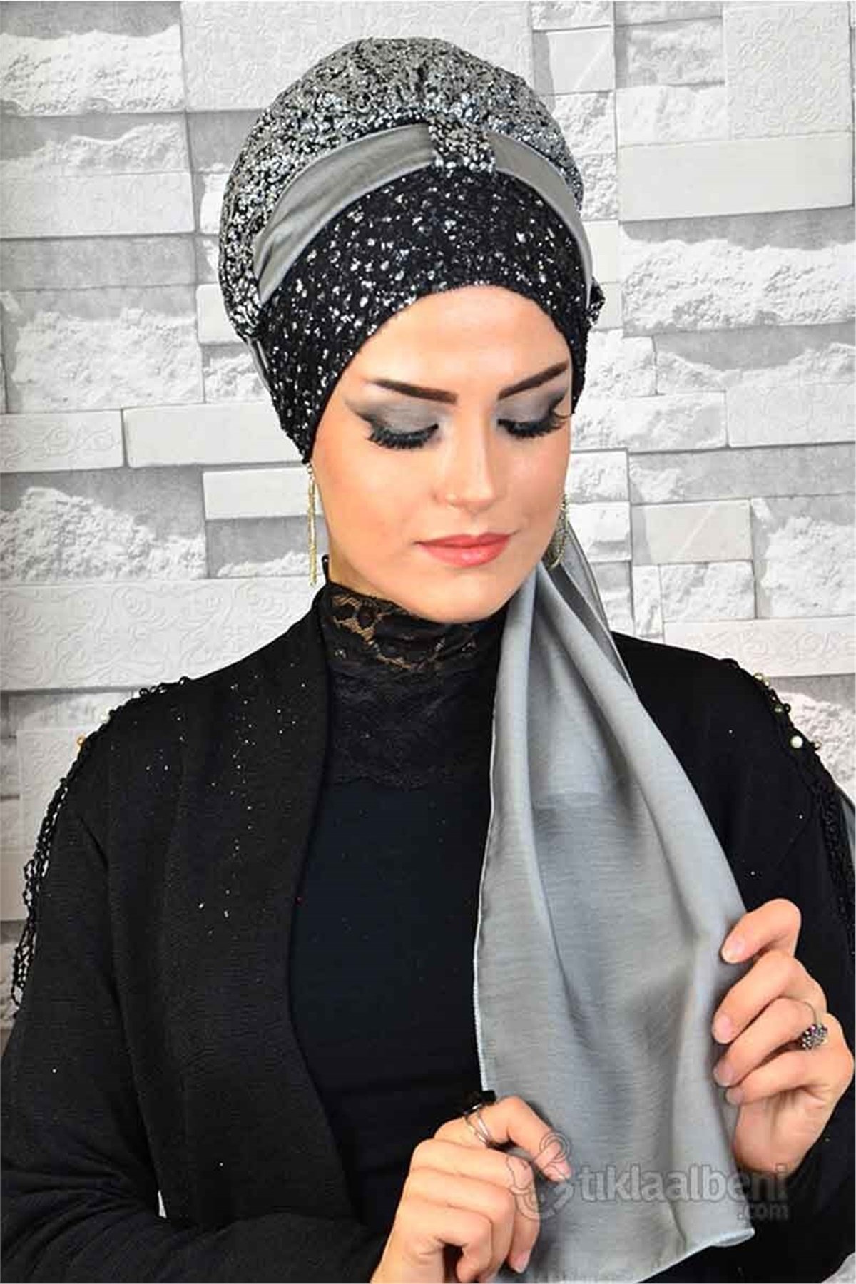 Simli Siyah Gümüş Biritli Hazır Abiye Bone bna011
