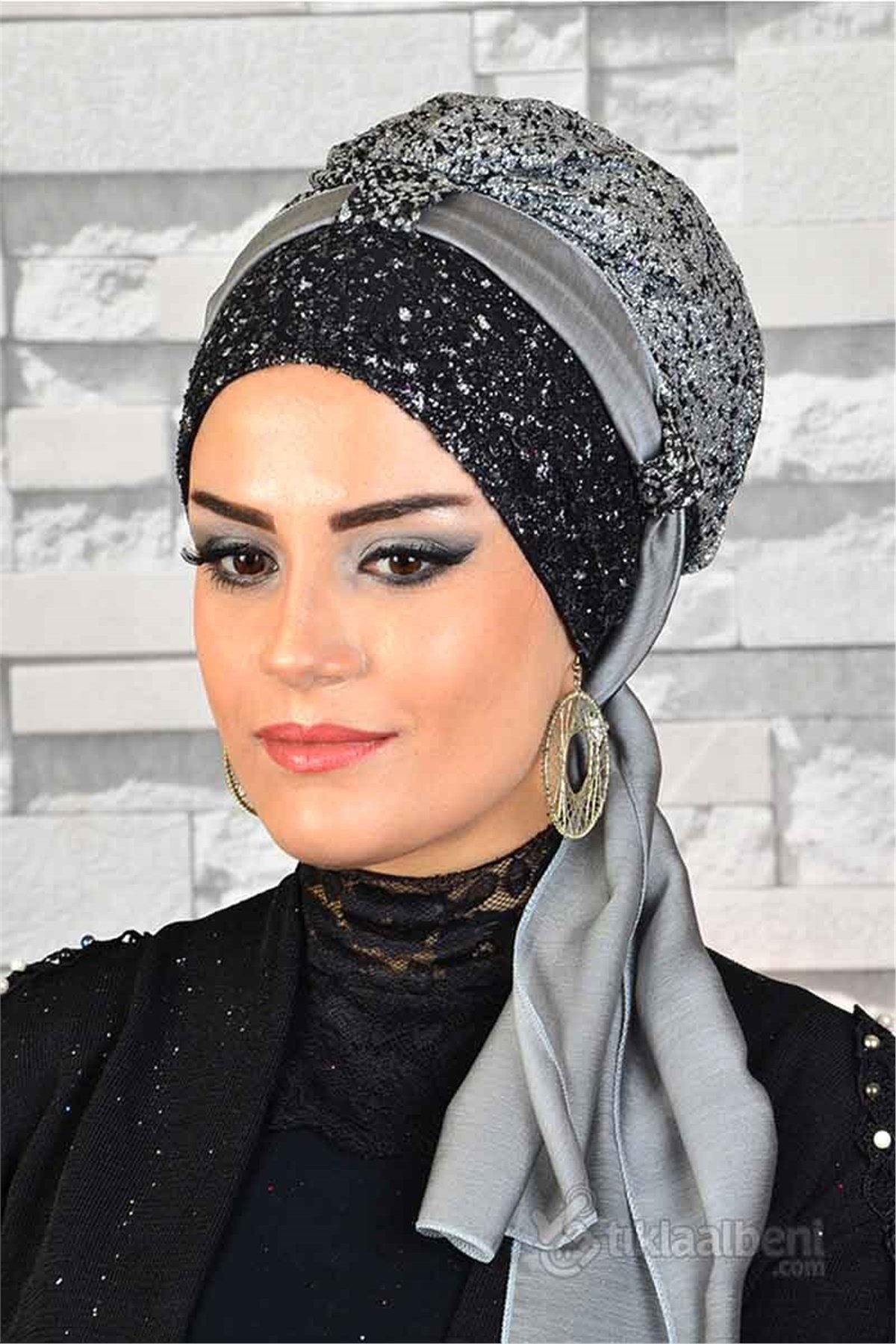Simli Siyah Gümüş Biritli Hazır Abiye Bone bna011