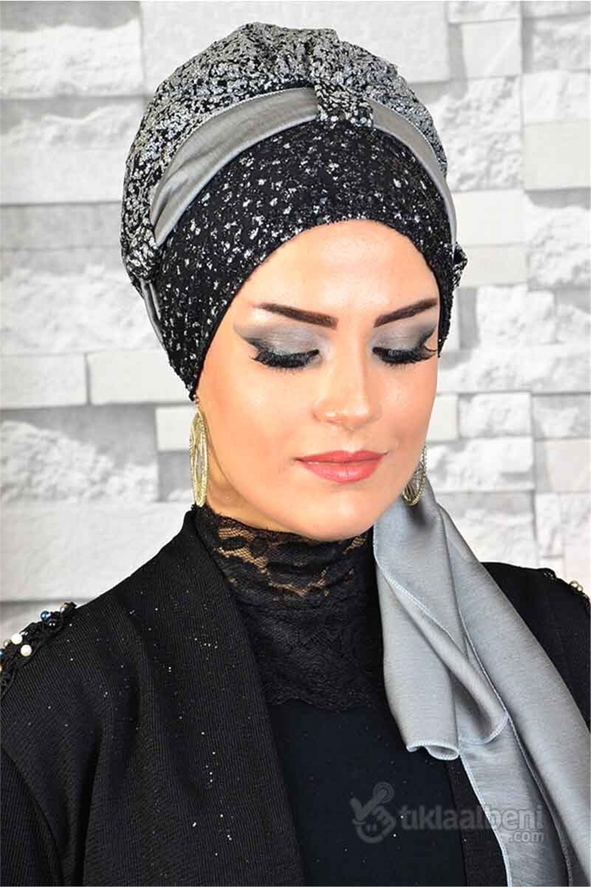 Simli Siyah Gümüş Biritli Hazır Abiye Bone bna011