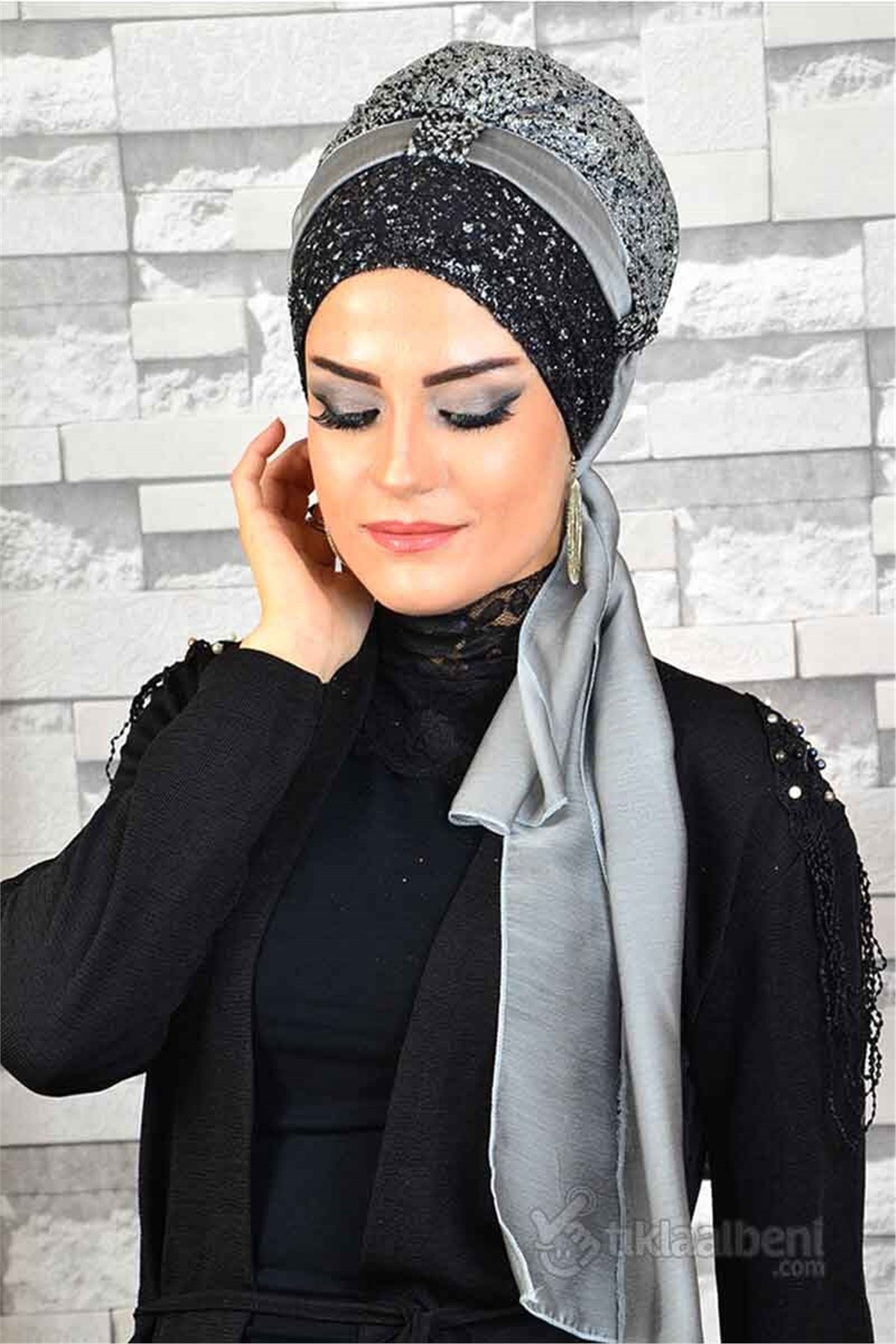 Simli Siyah Gümüş Biritli Hazır Abiye Bone bna011