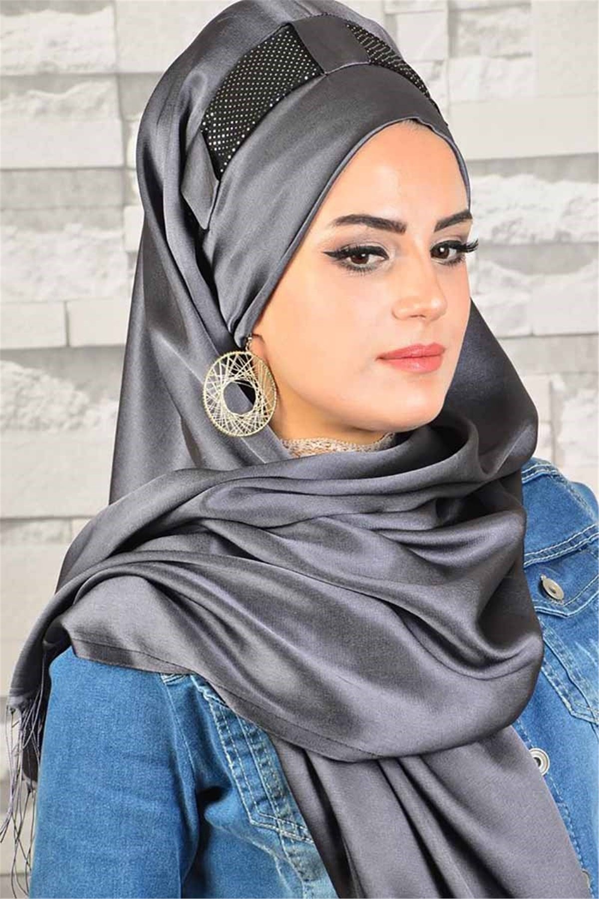 Siyah Antrasit Simli Hazır Türban bnd8029