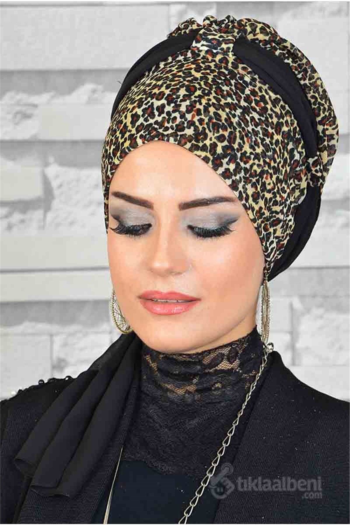 Siyah Leopar Hazır Bone Eşarp tb2011
