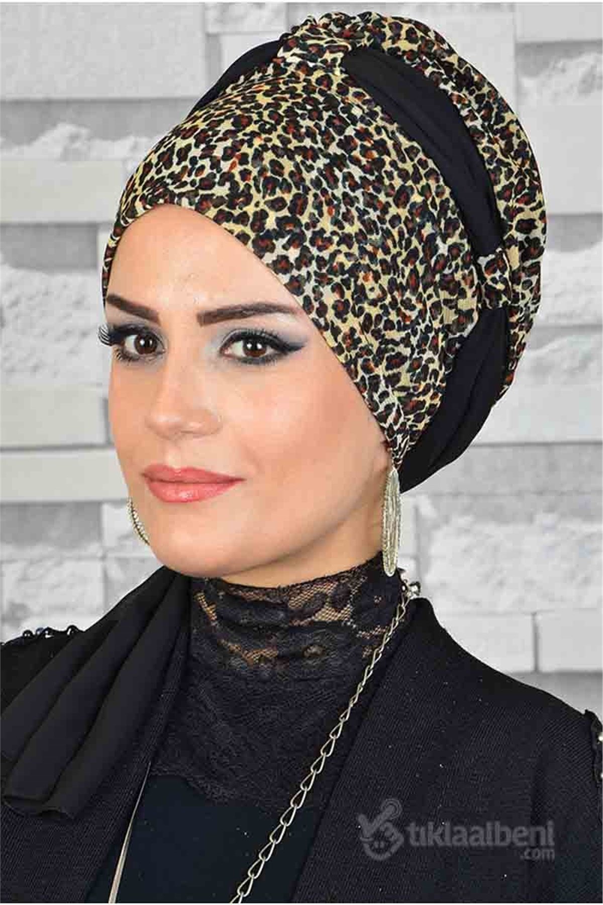 Siyah Leopar Hazır Bone Eşarp tb2011