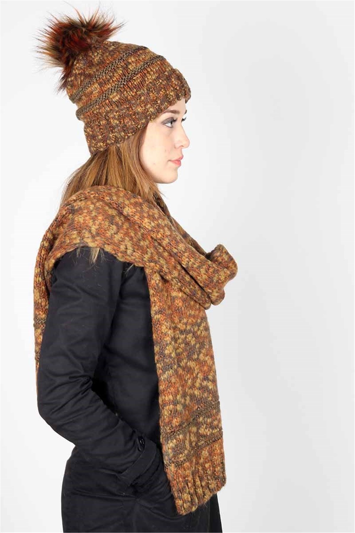 Style Bayan Atkı Bere Takımı 13579 - Kiremit
