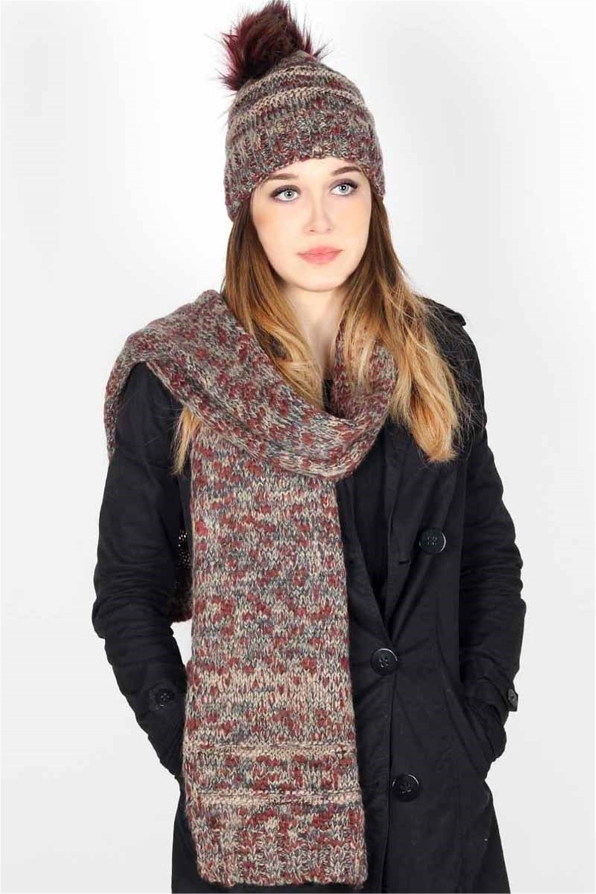 Style Kadın Atkı Bere Takımı 13579 - Bordo