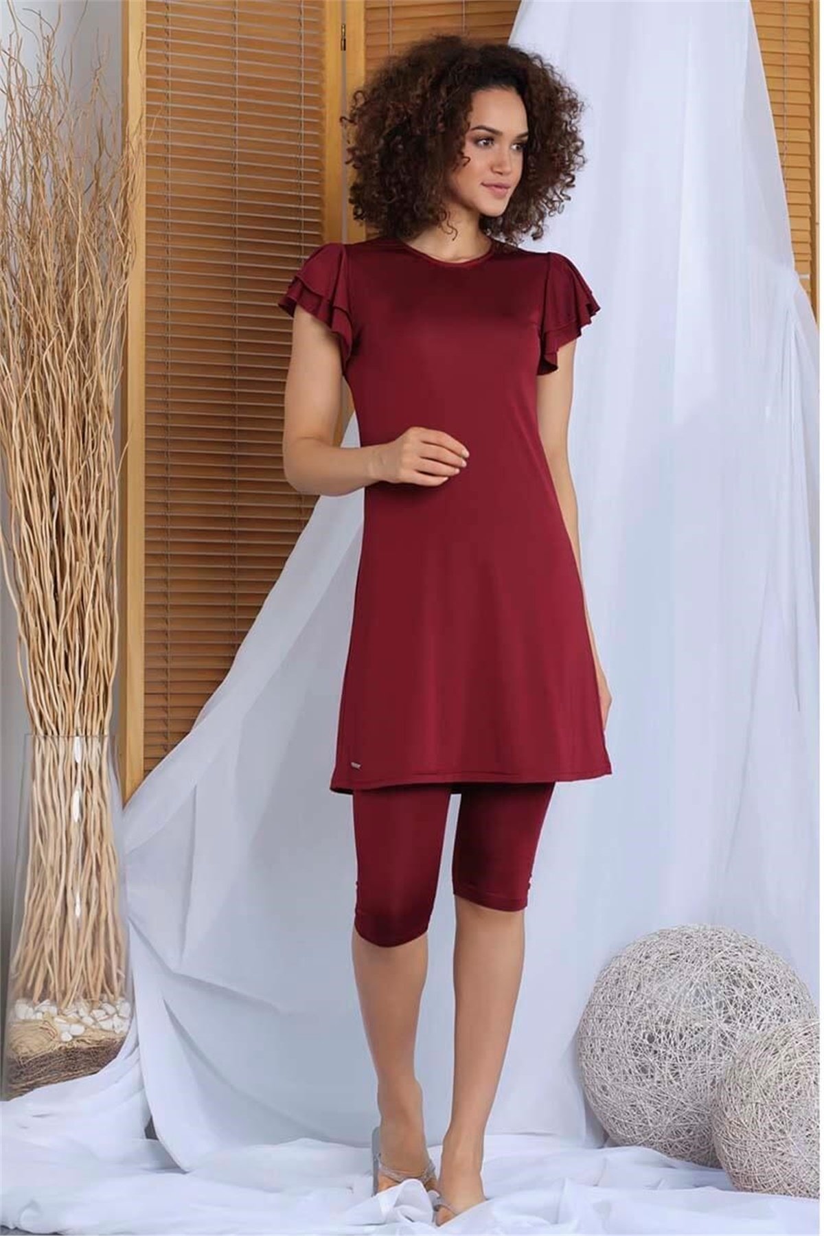 T20106 Kısa Kol Bordo Havuz Yarı Kapalı Mayo