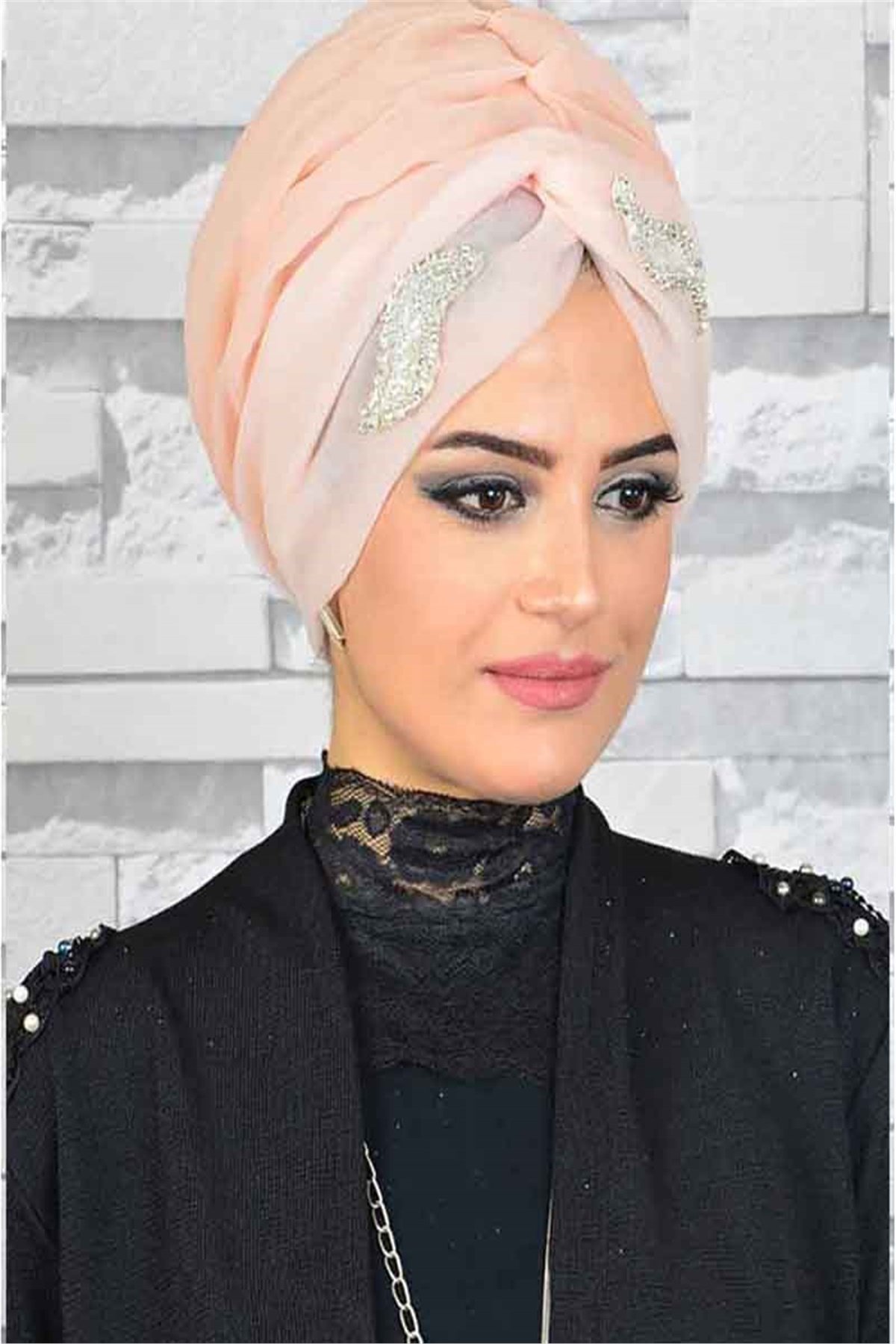 Taşlı Somon Hayal Tül Tesettür Abiye Şal hz030