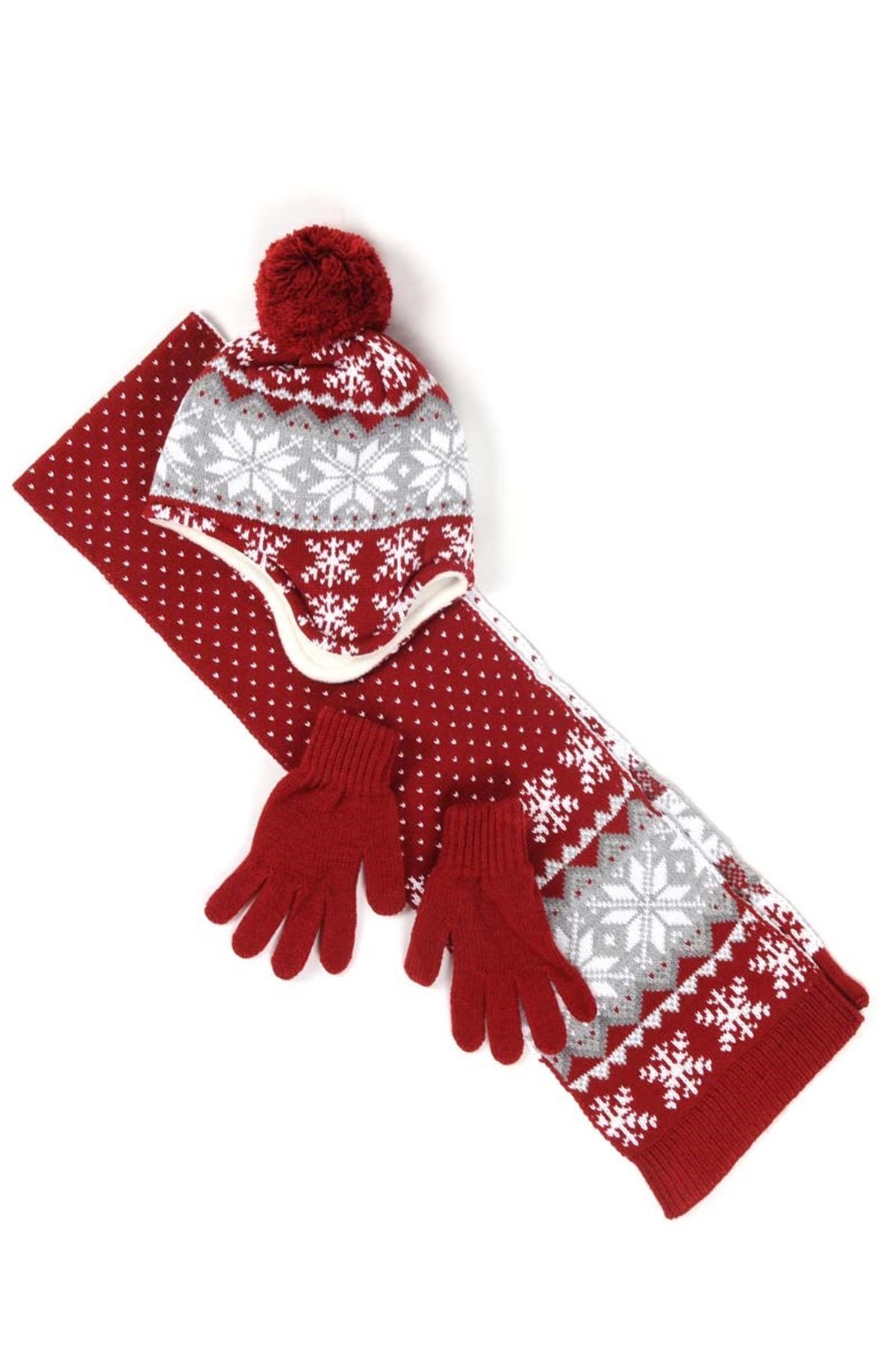 Unisex İçi Polar, Kulaklı Atkı Bere Eldiven Takımı FK15102 Kırmızı