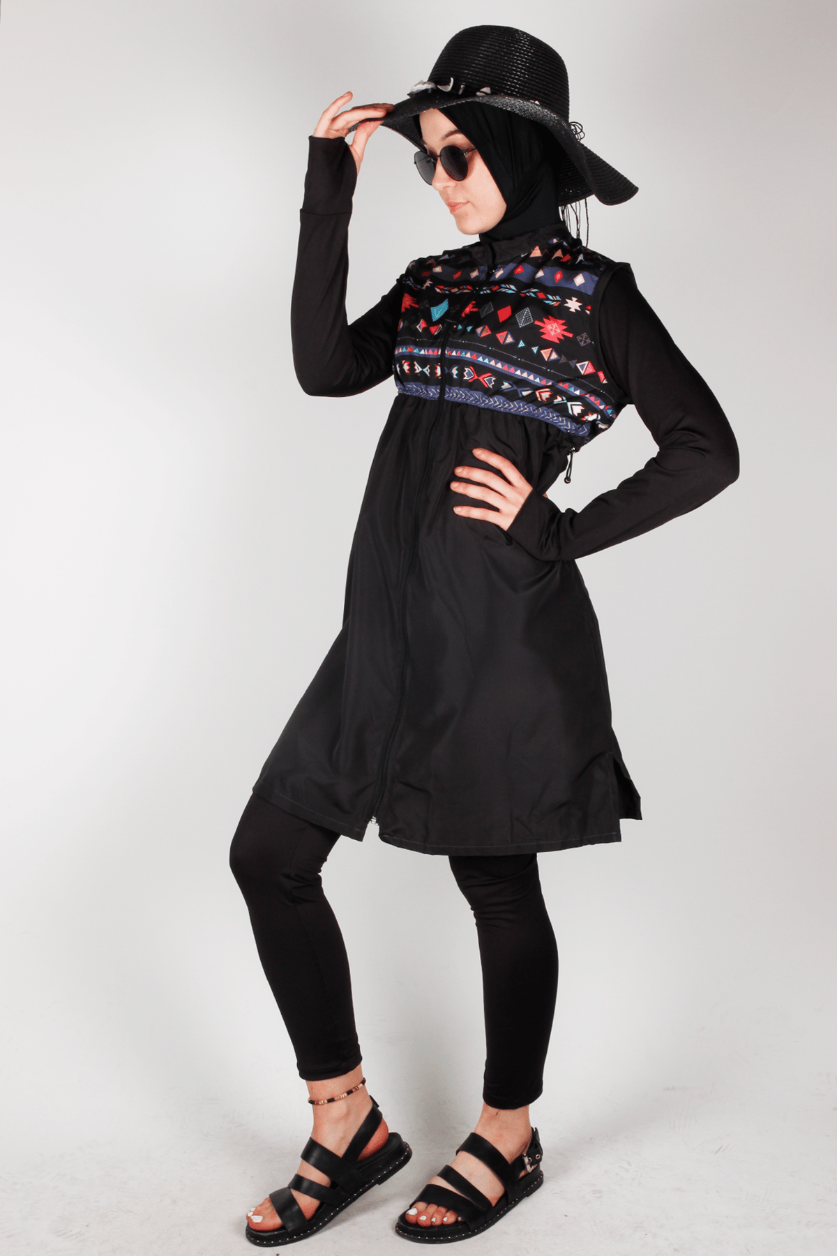 Veros SL1031 Geometrik Desenli Siyah Tesettür Mayo
