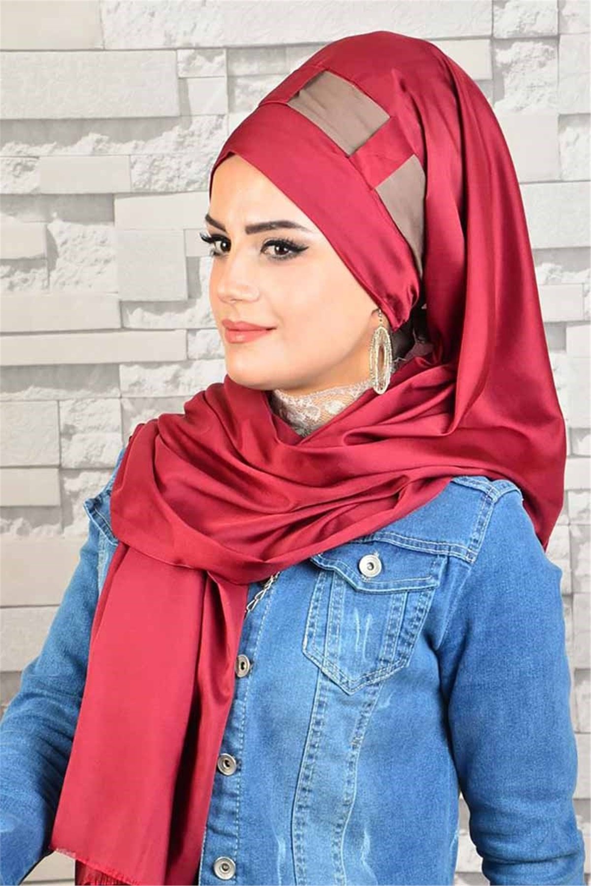 Vizon Bordo Kabartma Desenli Hazır Türban bnd8018