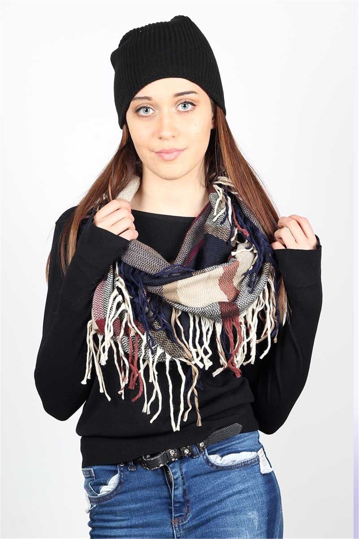 Yeni Sezon Geniş Ekose Tarzı Zara Boyunluk ZB556012 Lacivert