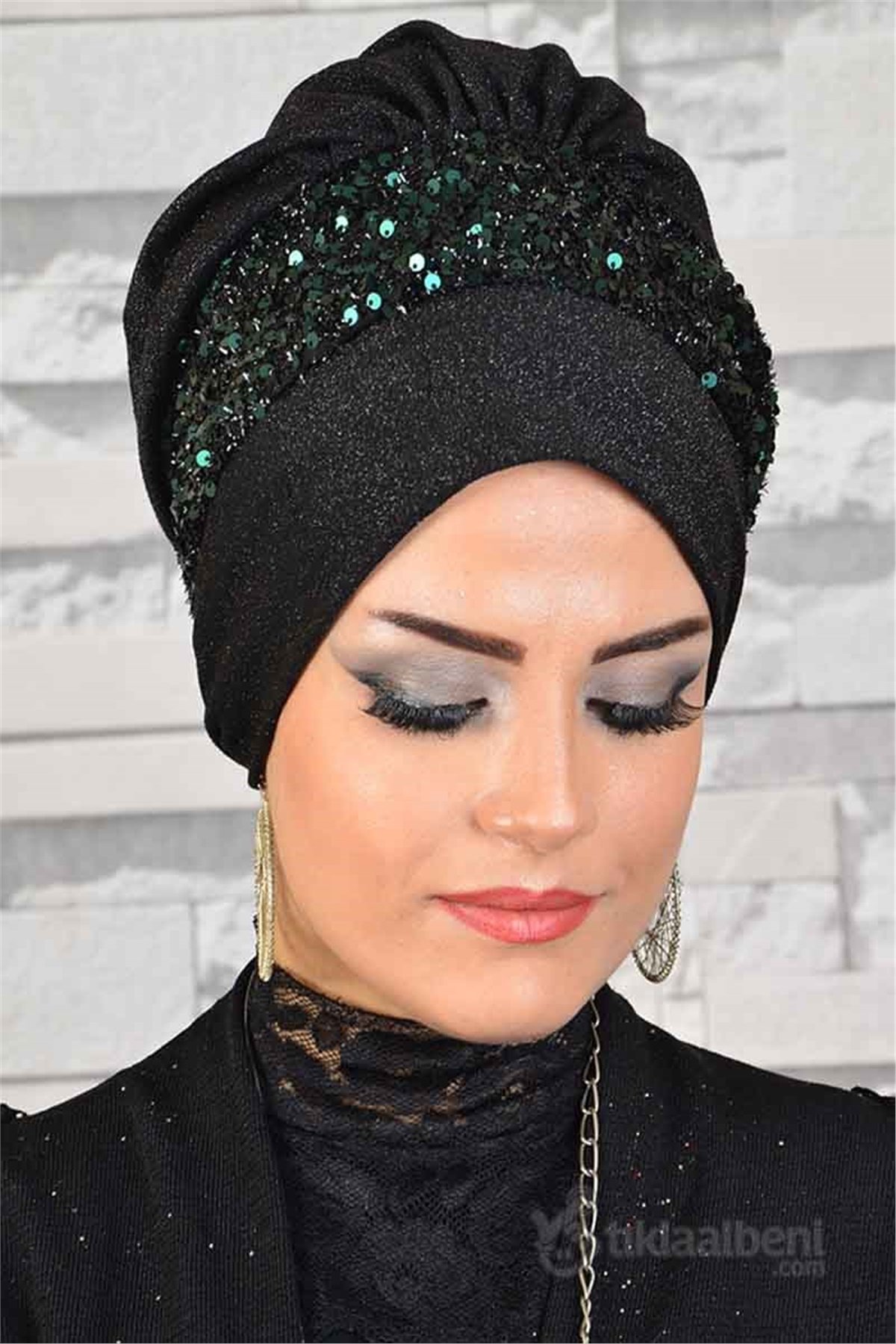 Zümrüt Siyah Pul Detaylı Abiye Tesettür Bone bna019