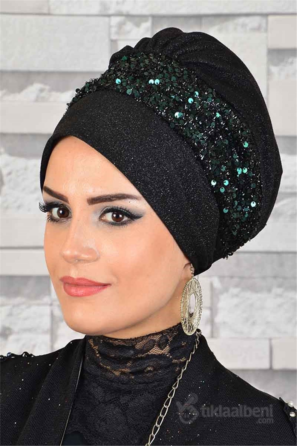 Zümrüt Siyah Pul Detaylı Abiye Tesettür Bone bna019