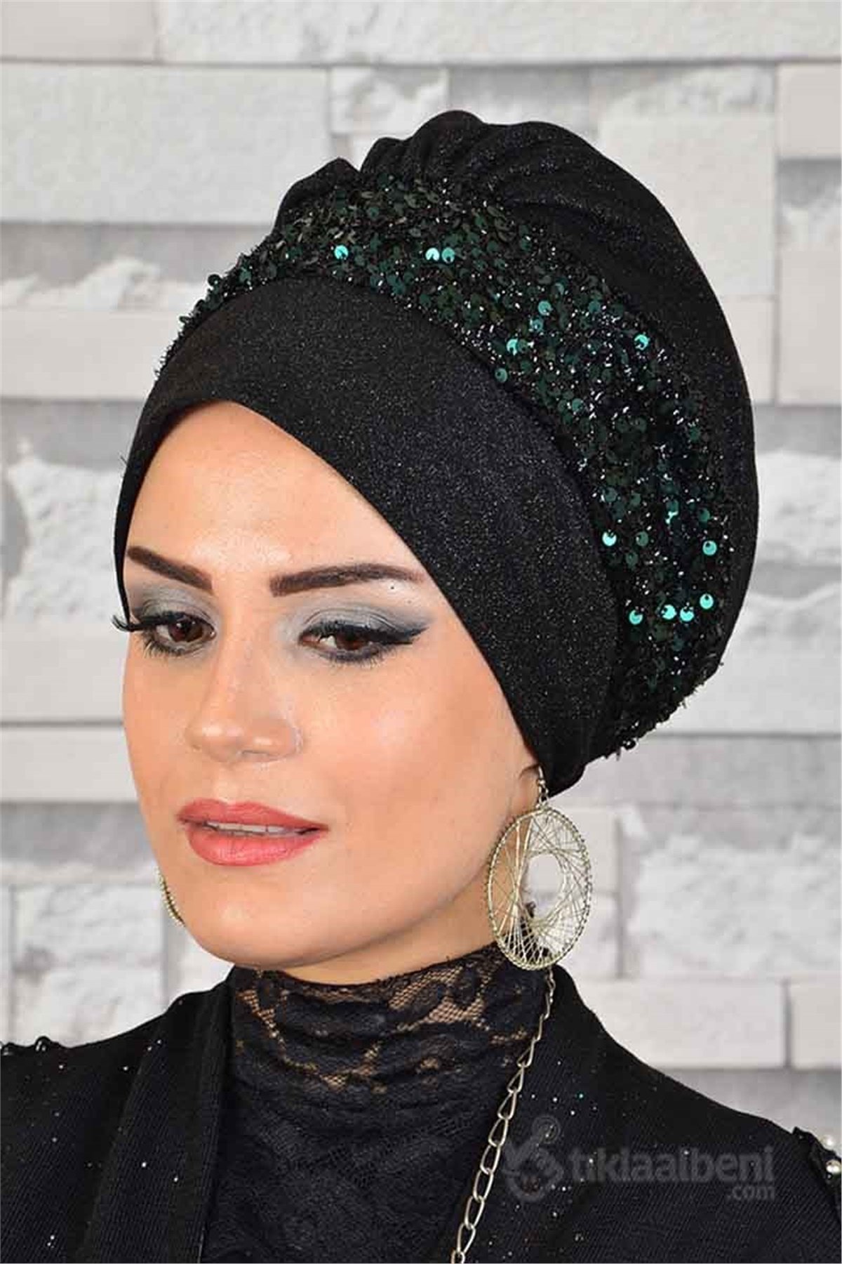 Zümrüt Siyah Pul Detaylı Abiye Tesettür Bone bna019