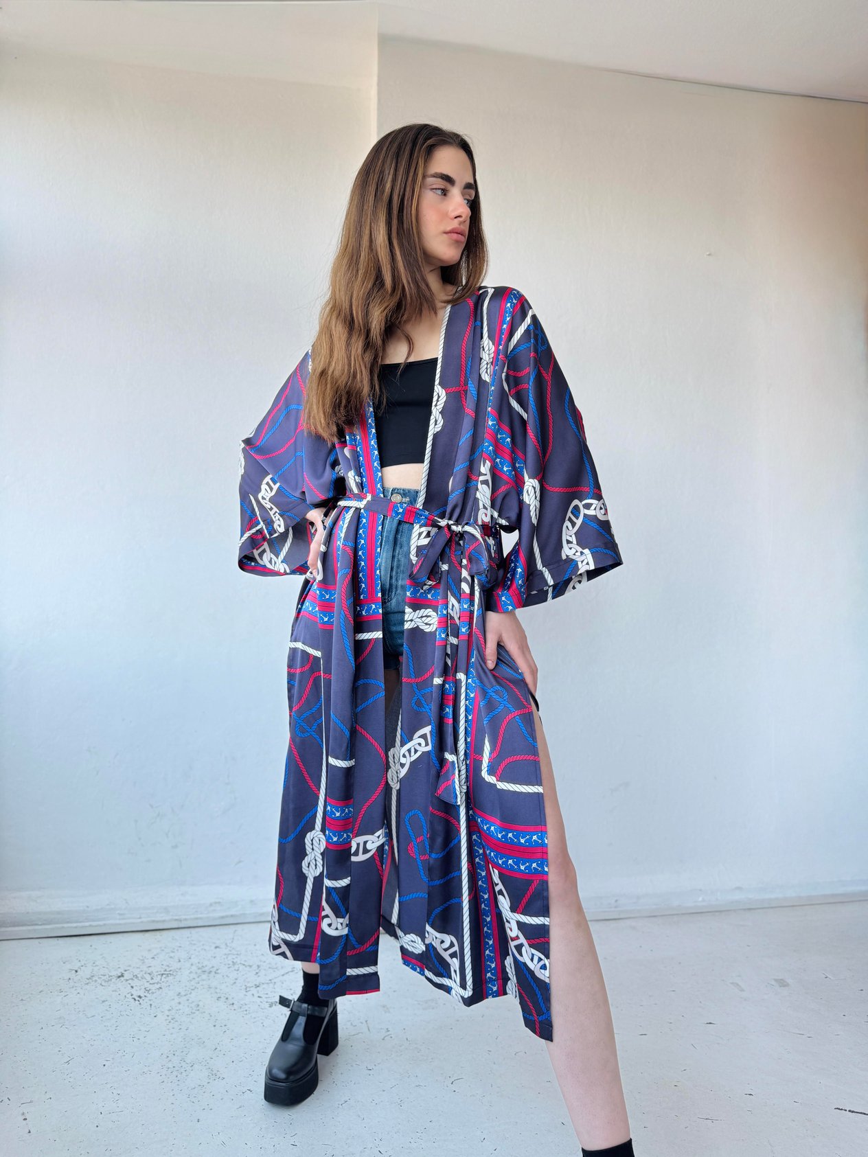 Retrobird Tasarım Marin Zincir Desen Lacivert Uzun Kimono