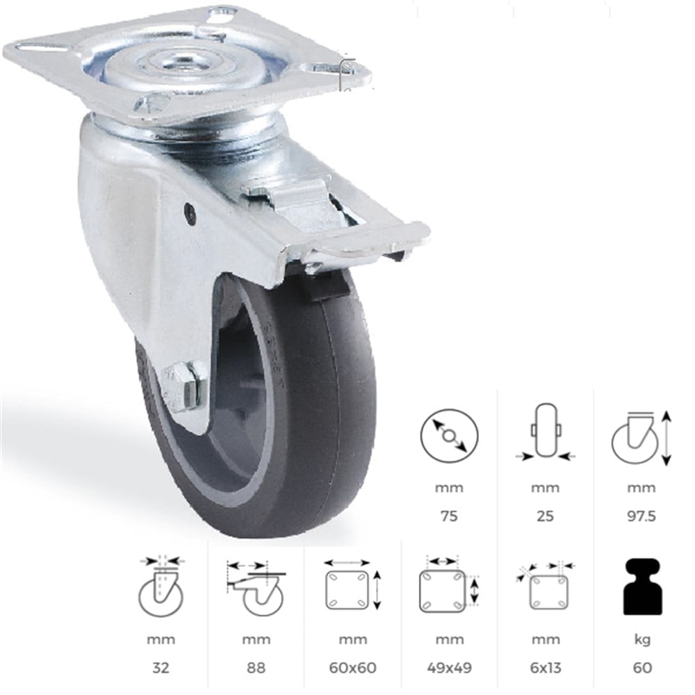 ORTA YÜK TAŞIMA TEKERİ GRİ 75 mm 1702MTB075 